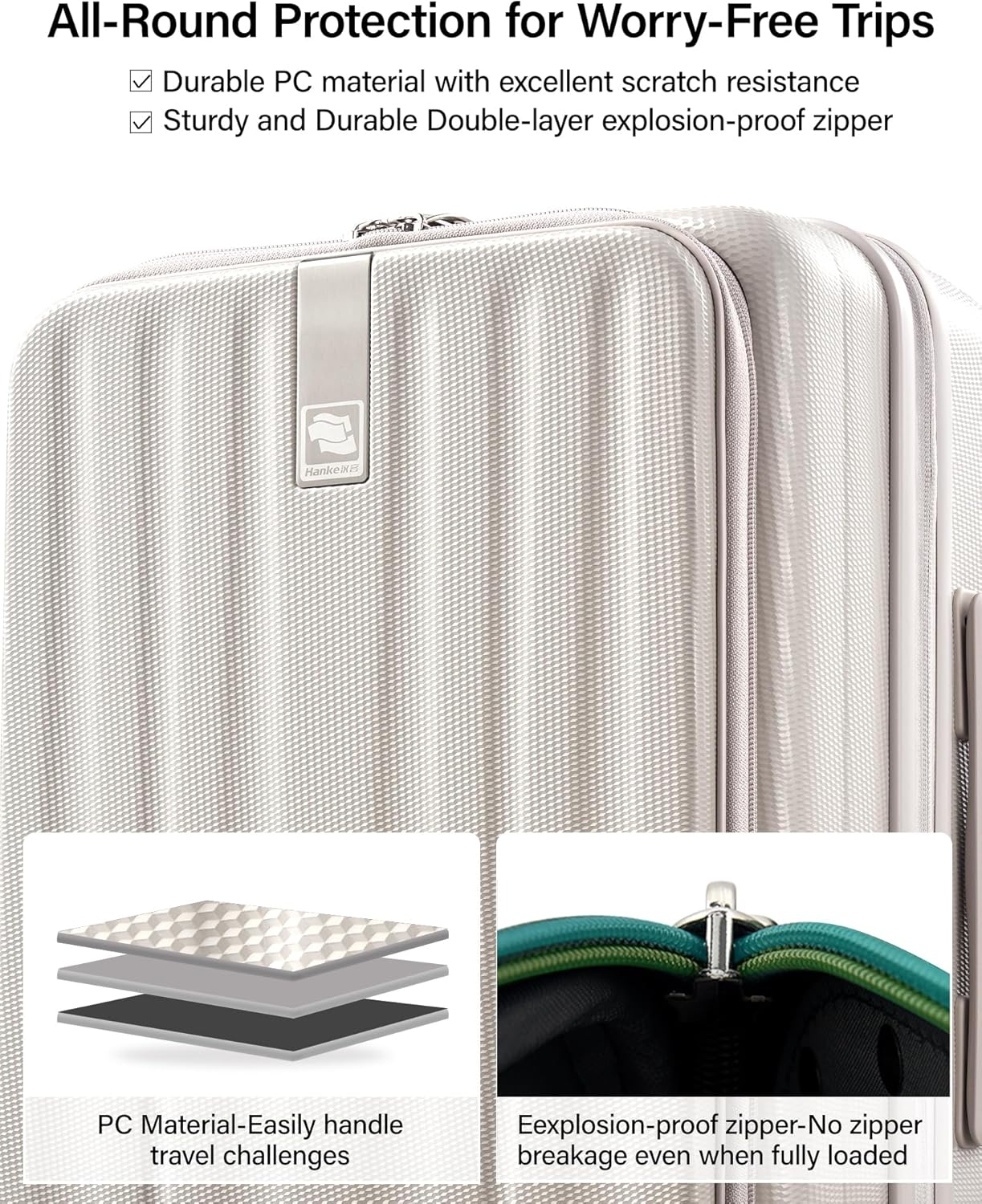 Hanke 24 Inch Expandable Luggage Top Opening Checked Bag Luggage Hard Shell Suitcases with Wheels Lightweight Travel Luggage Medium Suitcase with Lock for Woman Men-Ivory White