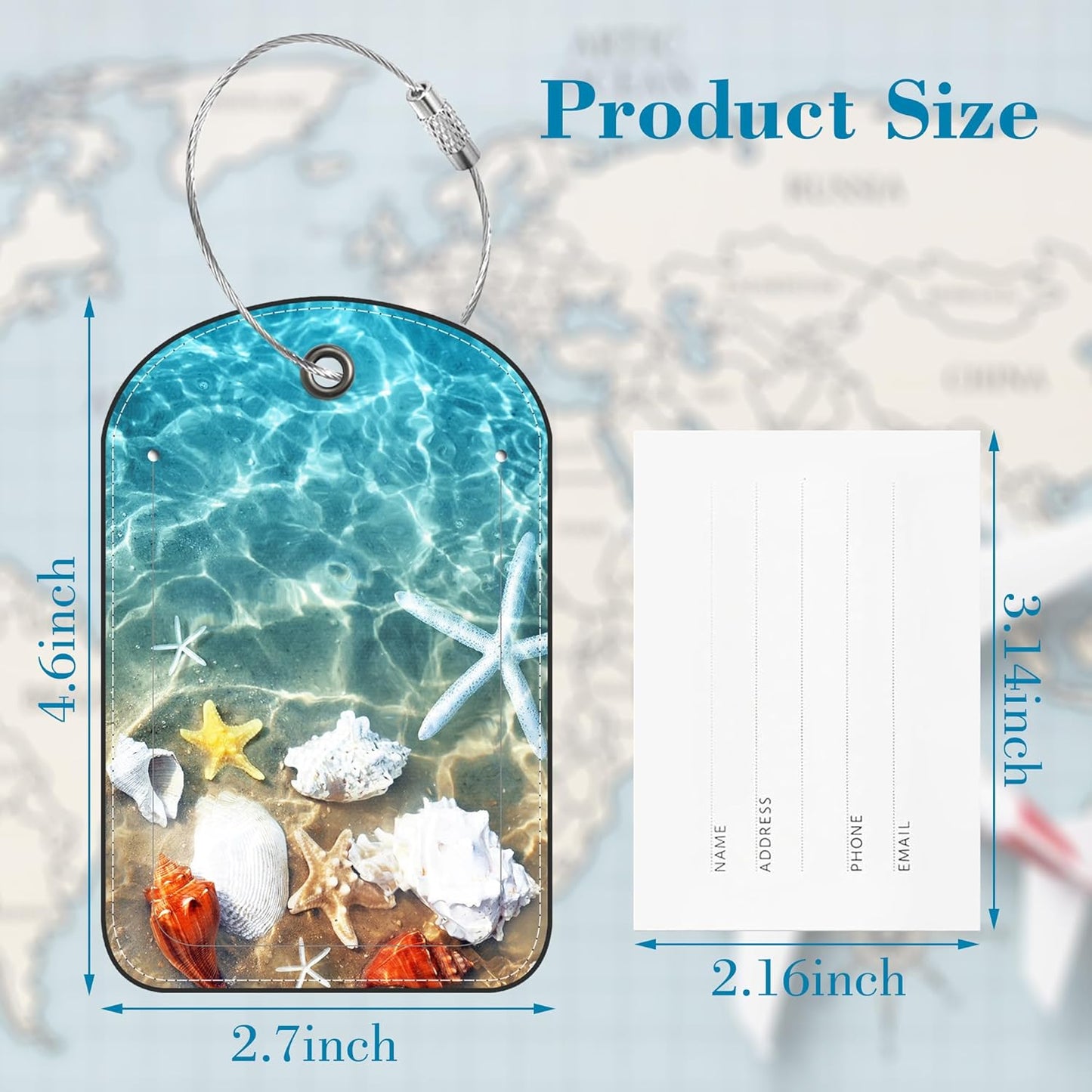 2 PCS Leather Luggage Tags for Suitcase Starfish Coral Seashell on The Beach Travel Luggage Tag with Privacy Flap Name ID Label and Metal Loop for Travel Bag Suitcase