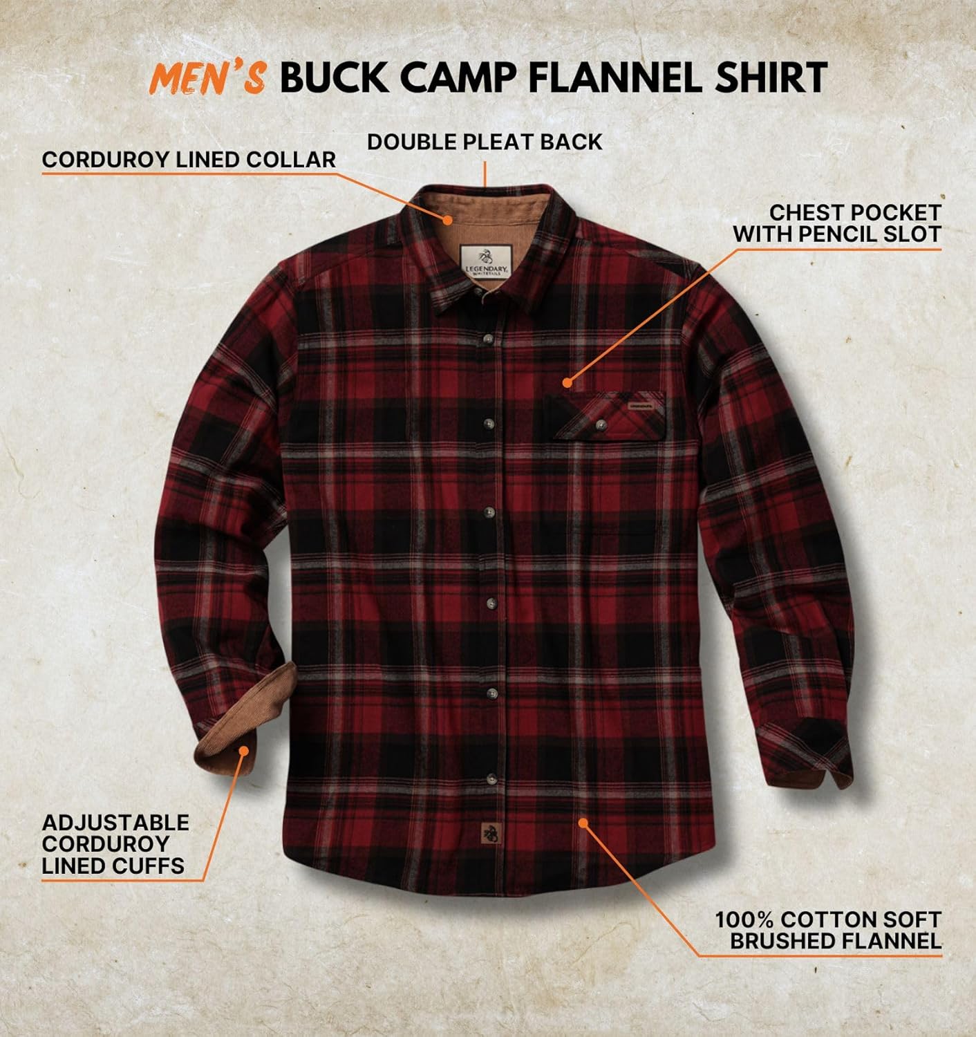 Legendary Whitetails Men's Flannel Shirt Long Sleeve Button Down 100% Cotton