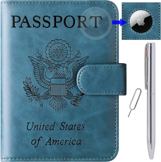 Airtag Passport Holder Cover Wallet Travel Essentials Leather Rfid Blocking Case Vacation Luggage Must Haves Travel Accessories for Men Women (117#Blue)