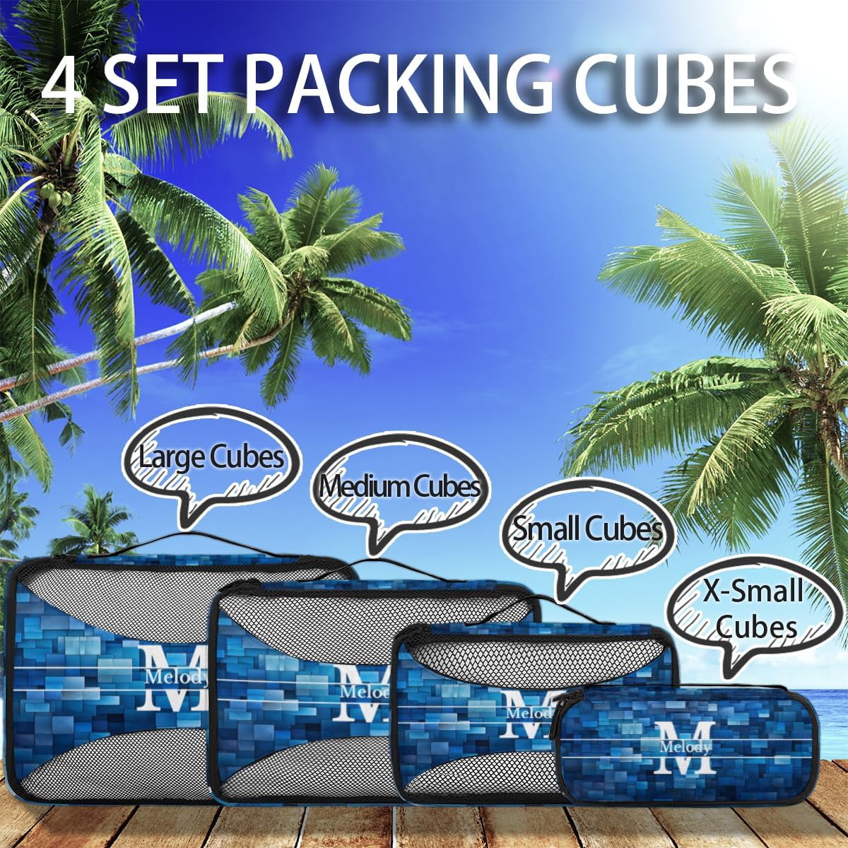 Custom Name 4 Pcs set travel luggage organizer Mesh Travel Essentials for Suitcases, Blue Geometric Pattern with Initial Letter