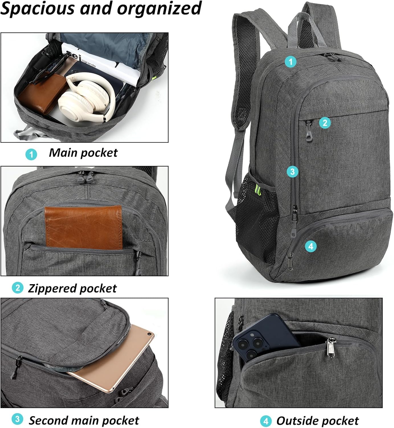 TANTOMI Small Hiking Backpack 25L Ultralight Foldable Camping Backpack Breathable Travel Backpacks Hiking Daypack for Men Women (Gray)