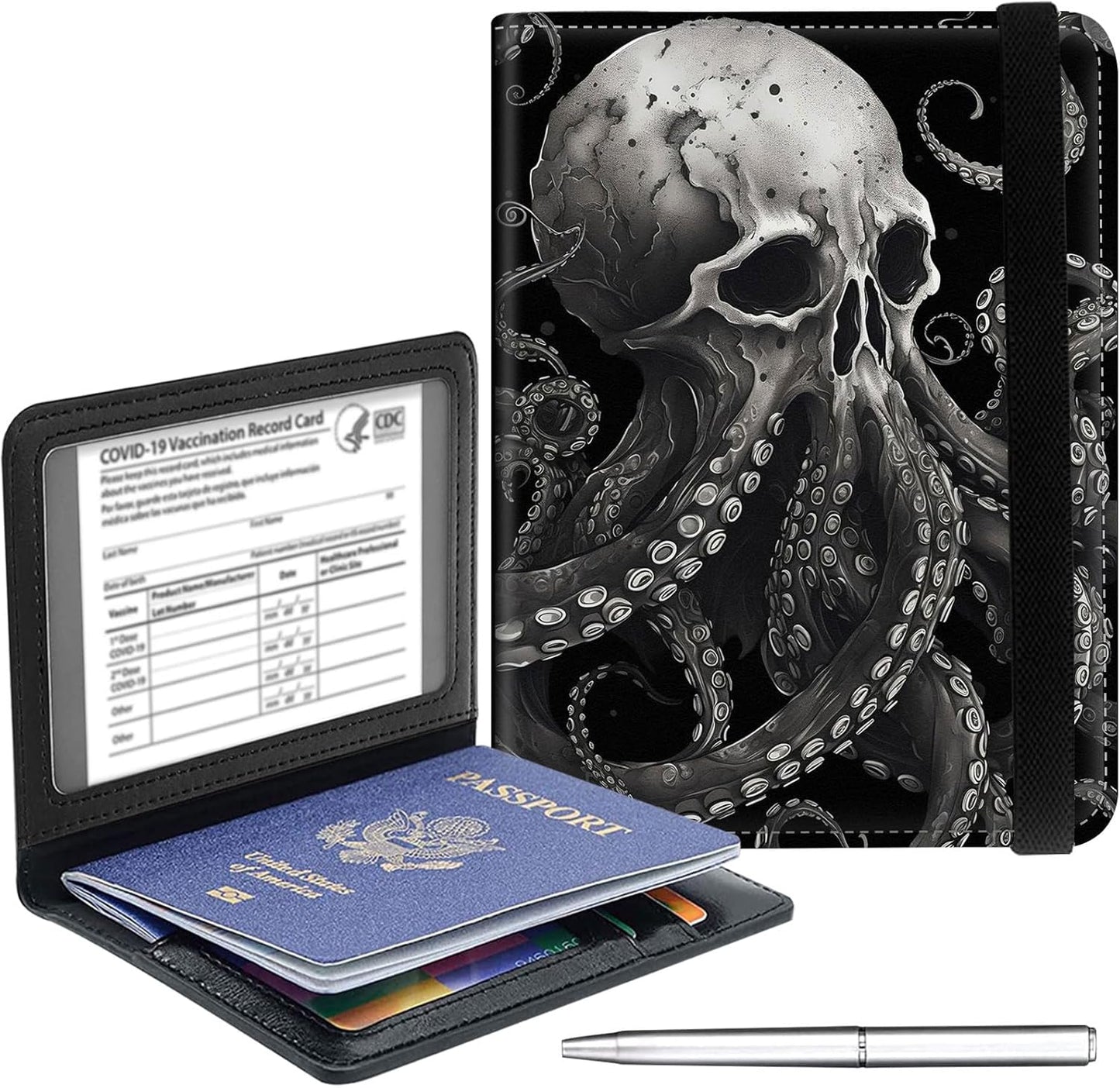 Passport Holder Cover Wallet Travel Essentials RFID Blocking Case Leather Passport Cover Wallet Vaccine Card Slot Organizer for Men Women, Skull Octopus