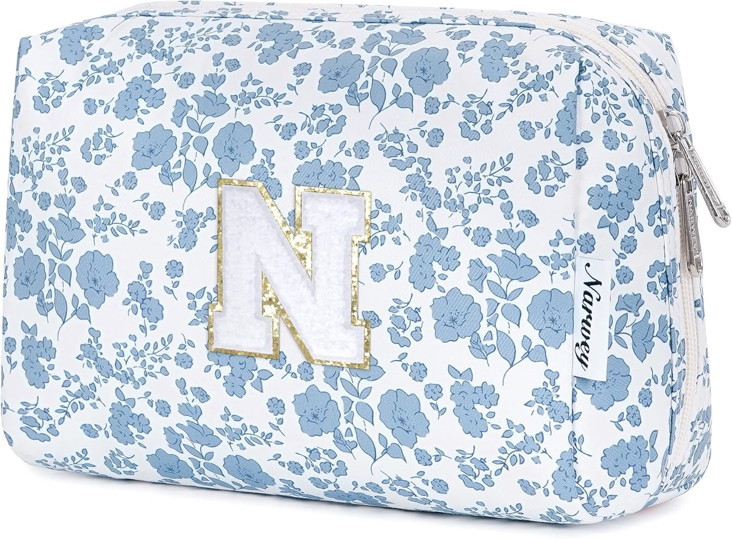 Narwey Birthday Gifts for Teen Girls Kids Women Personalized Initial Floral Makeup Bag Cute Cosmetic Trendy Stuff 6 8 10 11 12 13 14 16 18 Years Old Travel Toiletry Bag (Little Blue Flower N)