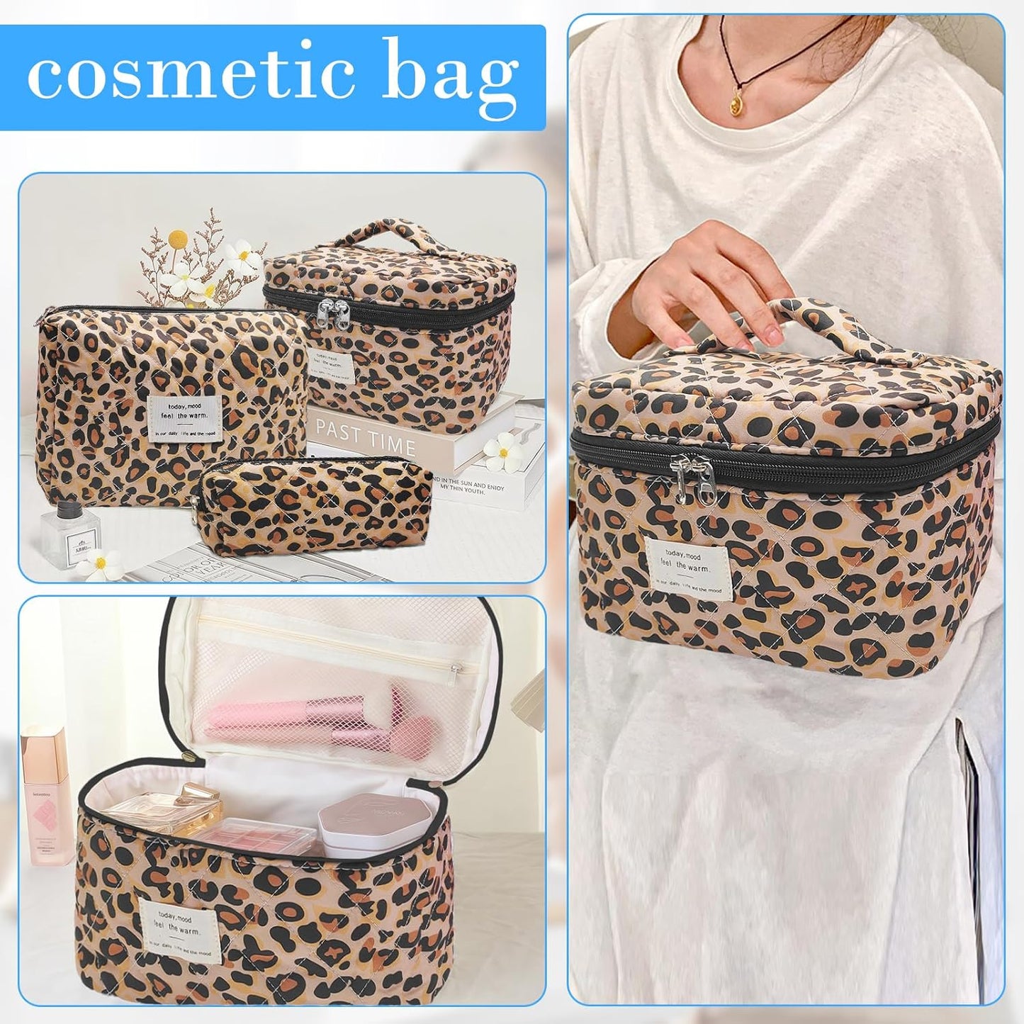 Quilted Makeup Bag, Large Capacity Travel Cosmetic Bag for Women and Girls, Aesthetic Storage for Daily and Travel Use (3pcs-Classicleopard)