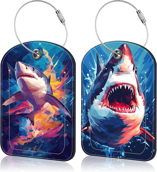 2 Pack PU Luggage Tags for Suitcase, Cute Shark Suitcase Tag Leather ID Label Bag Tags with Privacy Cover and Metal Loop for Men Women Travel Bag