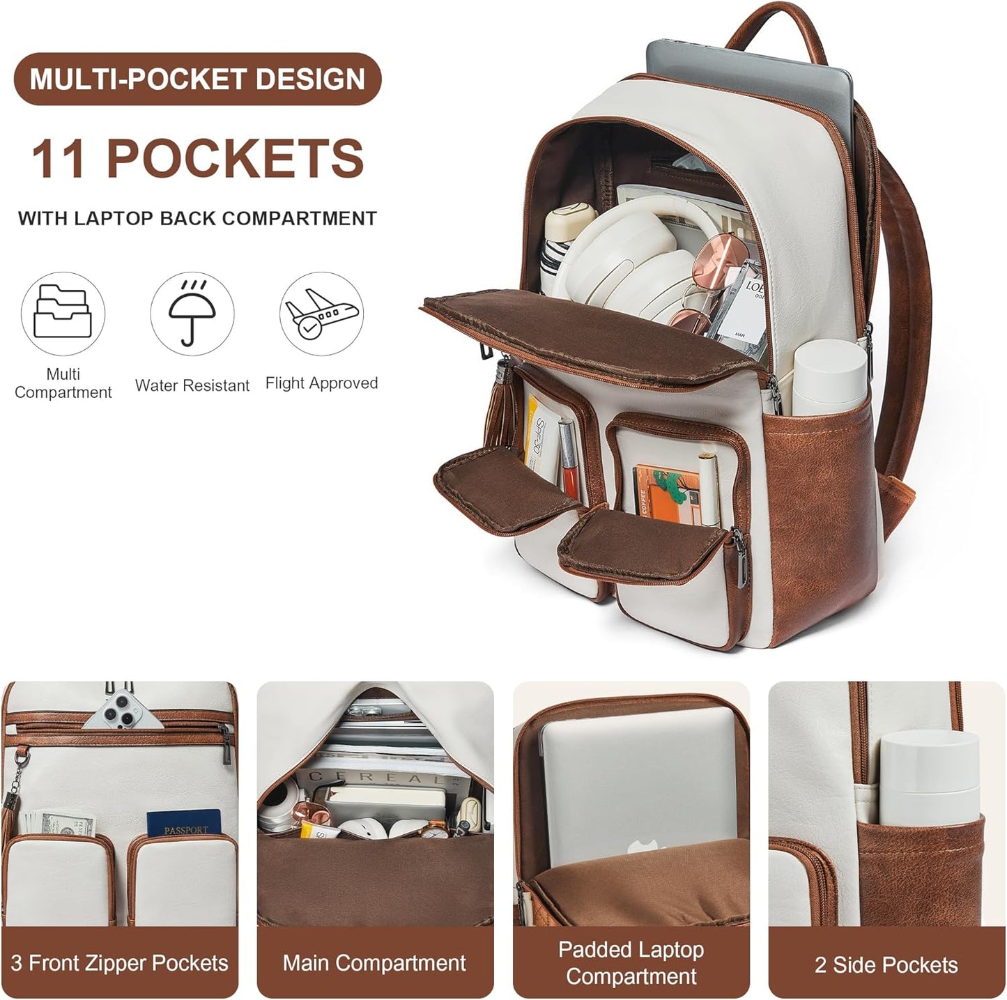 Shrrie Laptop Backpack for Women 16 Inch,Vegan Leather Travel Backpack Purse Work Business Computer Backpacks Teacher Nurse College Laptop Bookbag Casual Daypack,Beige with Brown