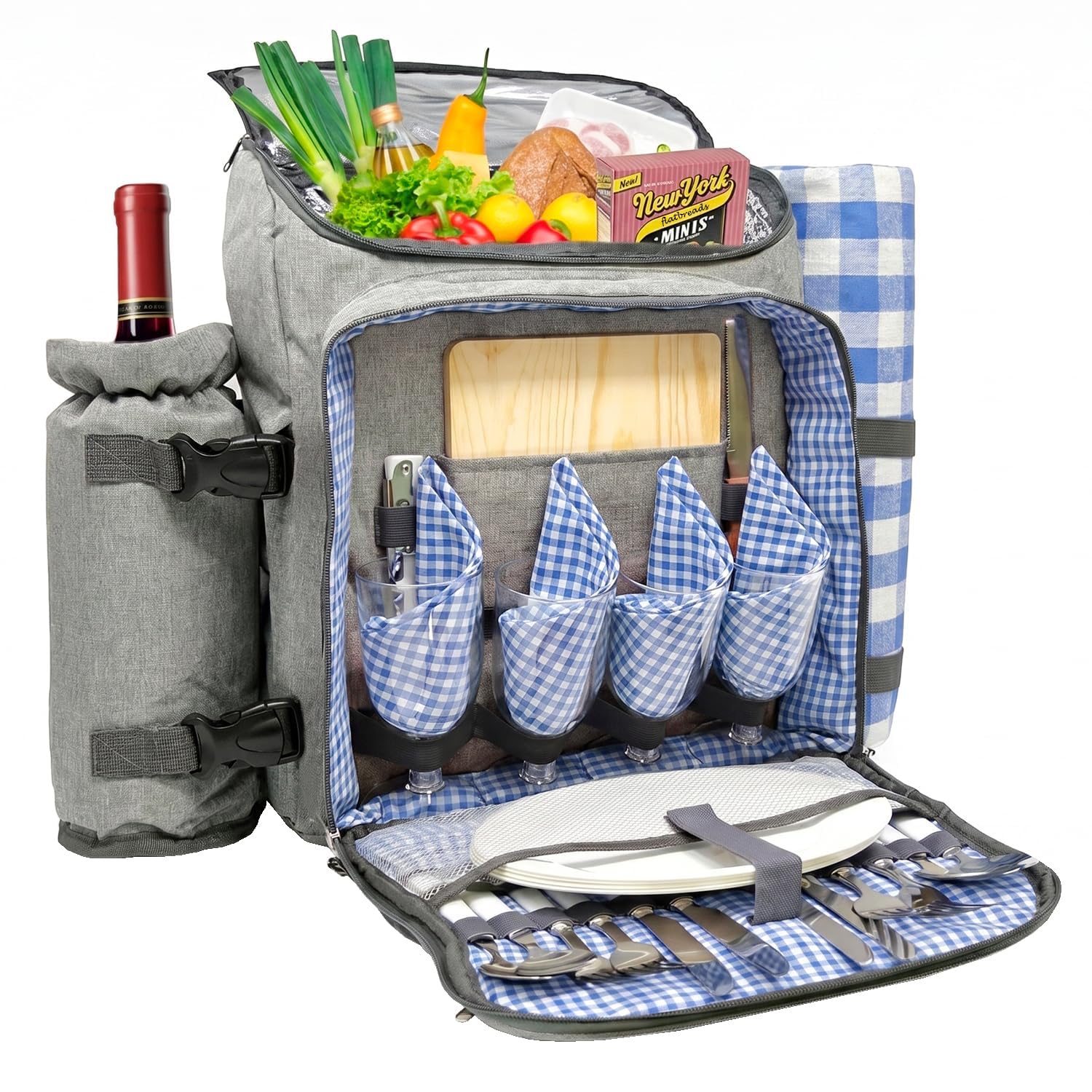 Nature Gear Picnic Backpack for 4, Insulated Picnic Set with Dinnerware, Wine Cooler, Blanket &