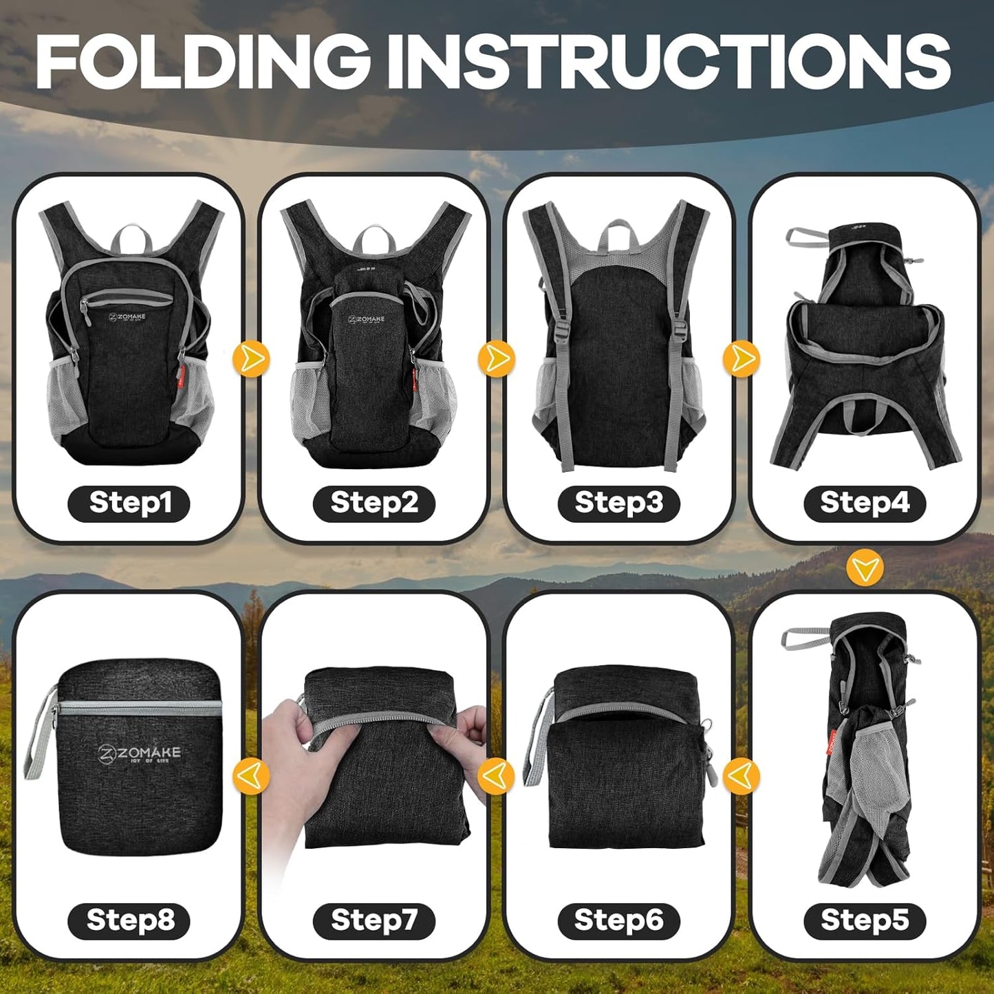 ZOMAKE Ultra Lightweight Packable Backpack 10L,Small Foldable Backpacks Hiking Water Resistant Collapsible Daypack for Women Men(Black-A1)