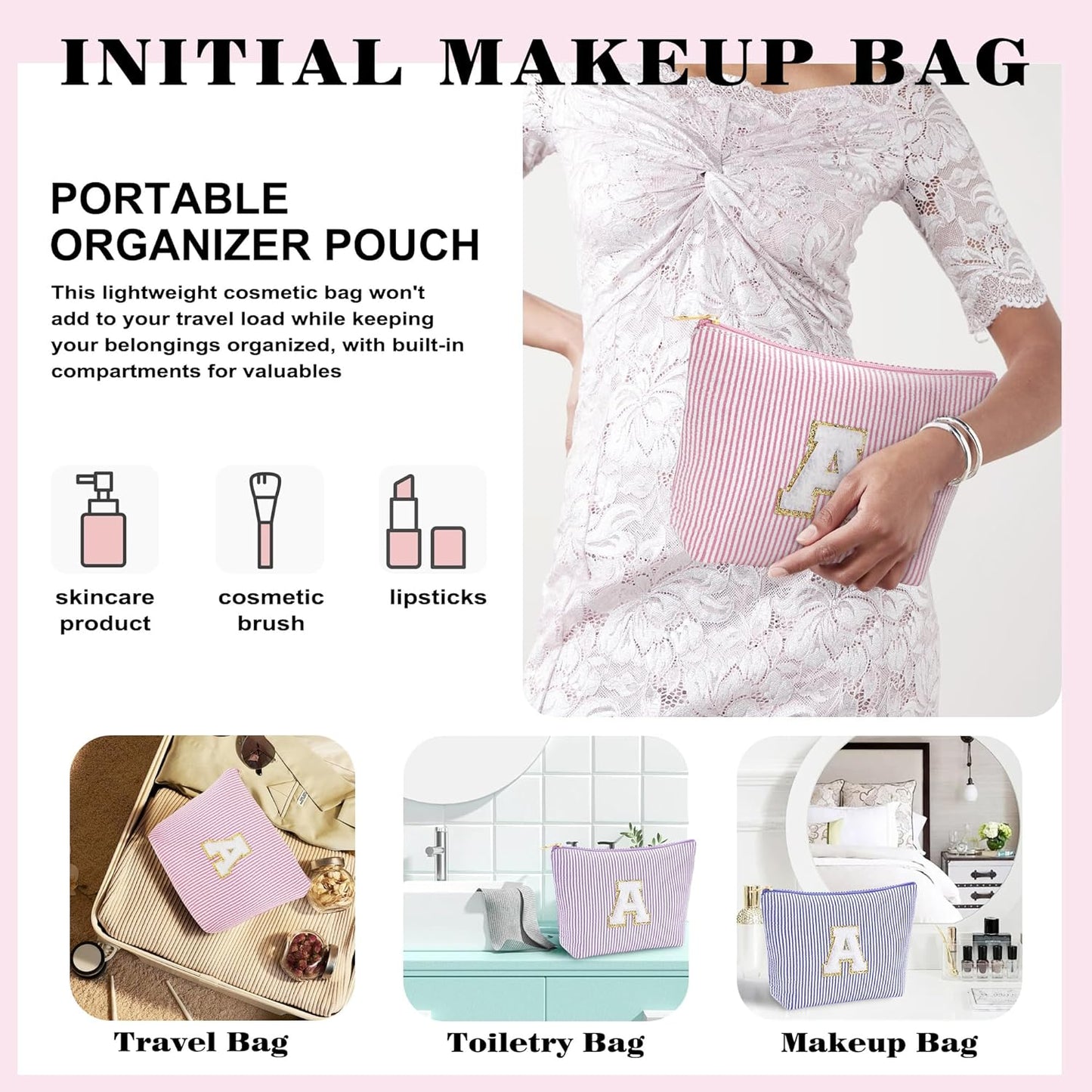 Christmas Gifts for Girls - Initial Makeup Bag, Teen Girl Gifts Trenty Stuff Cute Cosmetic Bag Set, Stocking Stuffers Christmas Brithday Gift for Girls, Light Pink A