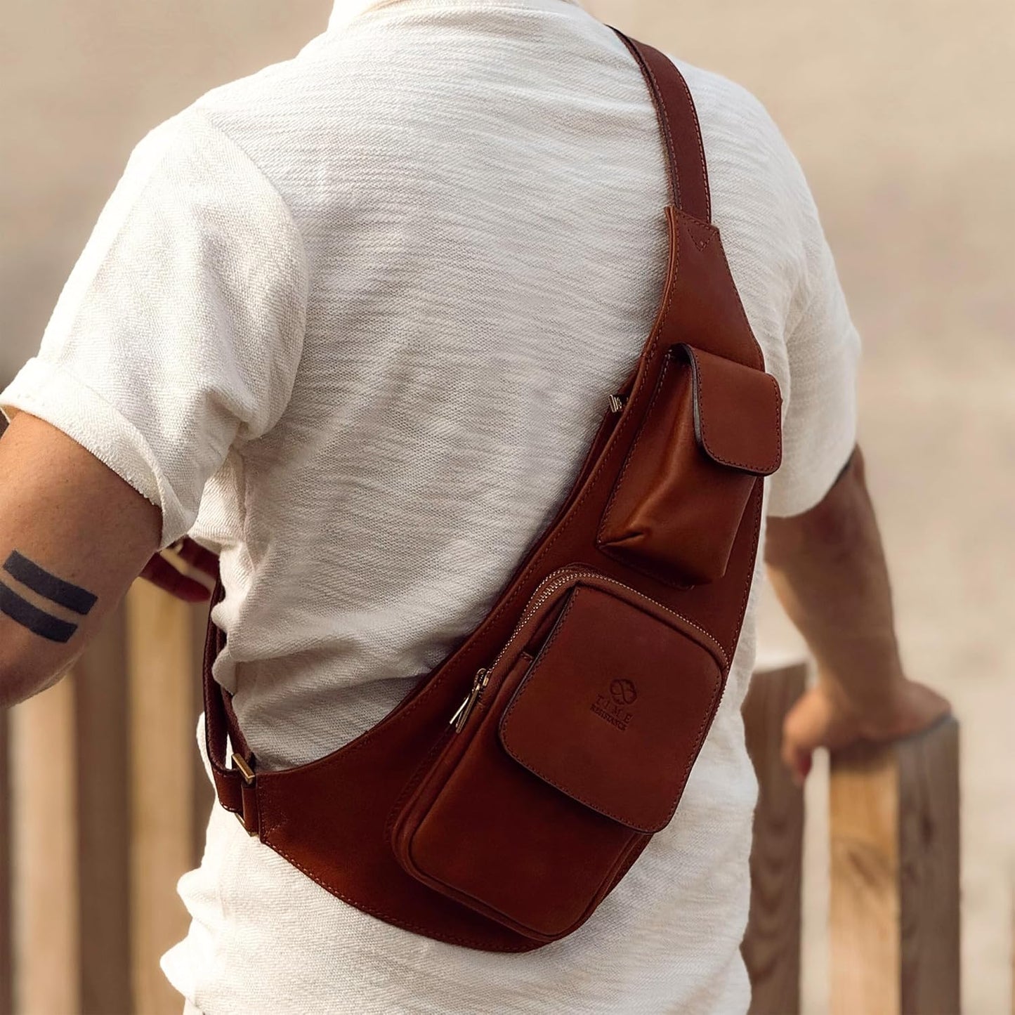 Time Resistance Leather Sling Bag - Crossbody Bag - Messenger Bag for Men and Women - Handmade Shoulder Bag Backpack