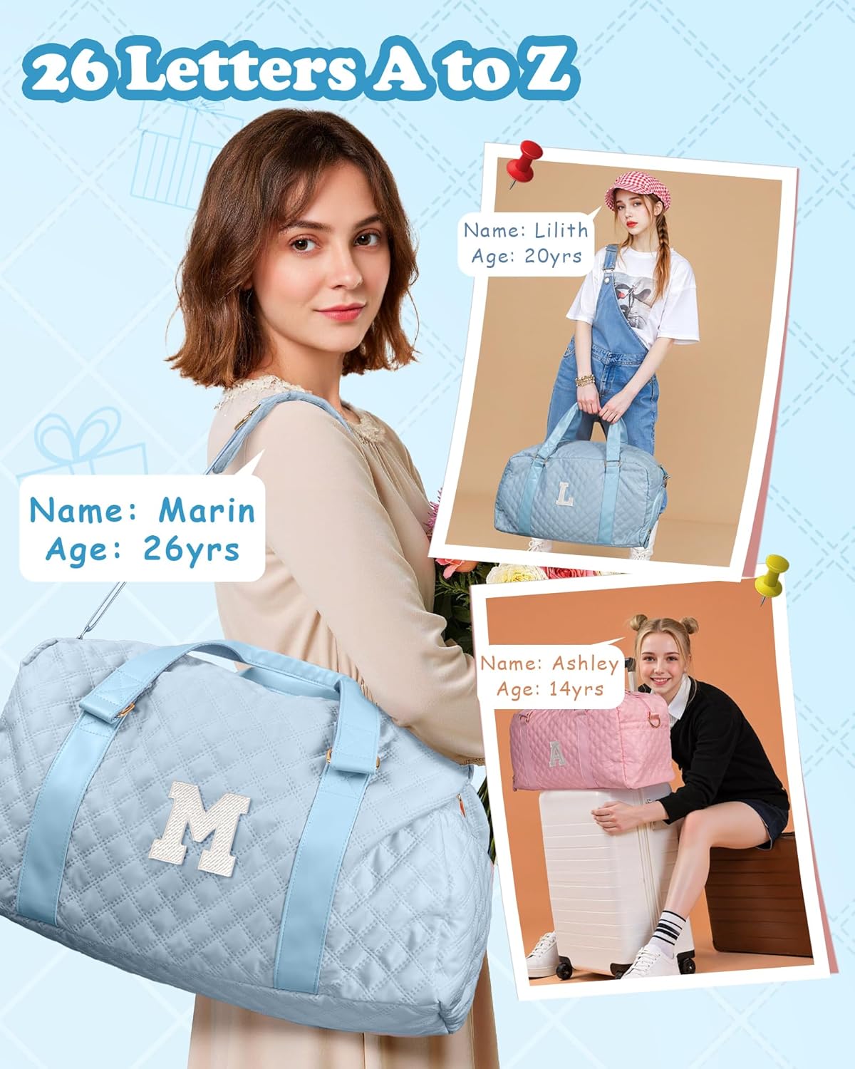 Carry on Bag Girls, Birthday Gifts Teen Girl Gift, Initial Travel Duffel Bag, Overnight Bag Girlfriend Birthday Kids Gifts, Gifts for Women, Mom, Sister, Teacher, Teen Girls