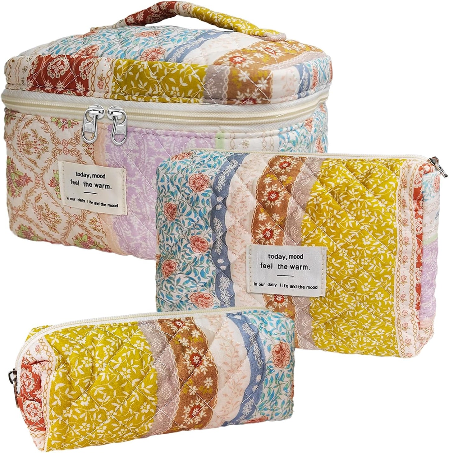 Quilted Makeup Bag, Large Capacity Travel Cosmetic Bag for Women and Girls, Aesthetic Storage for Daily and Travel Use (3pcs-EthnicStyle)