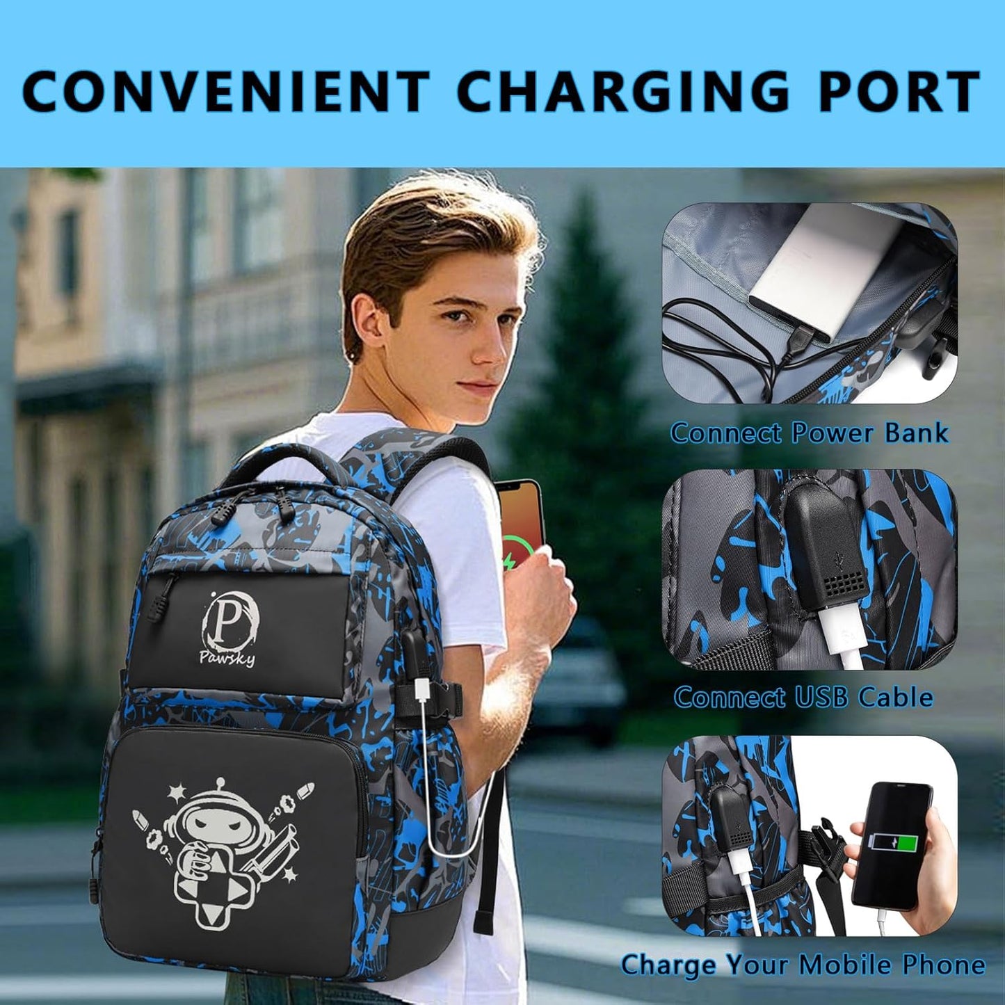 School Backpack for Teen Boys, Kids Backpack Cool Luminous Backpack with USB Charging Port, Lightweight Laptop Bag with Sling Bag Set, Blue