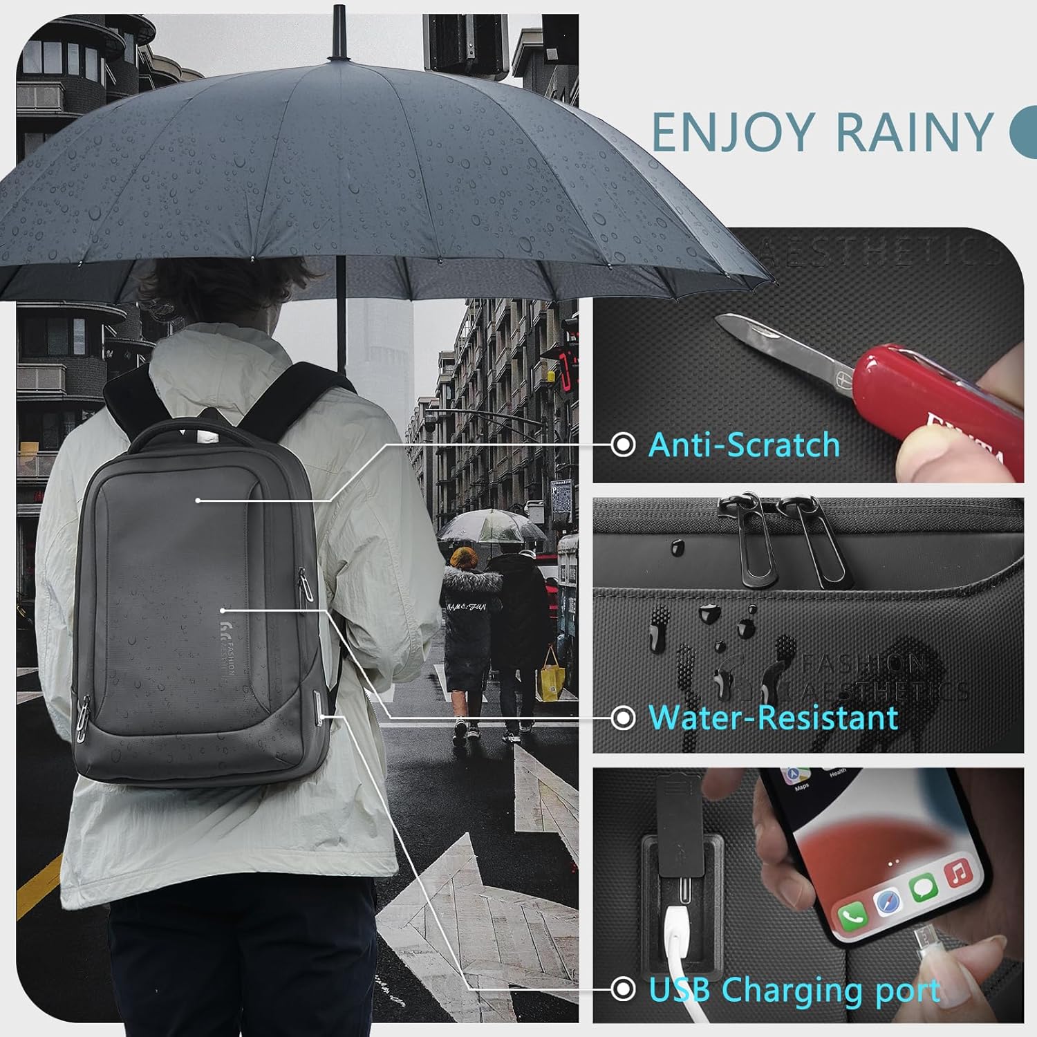 hk Laptop Backpack for Men with USB Charging Port Water-Resistant for 15.6 Inch Computer Bag