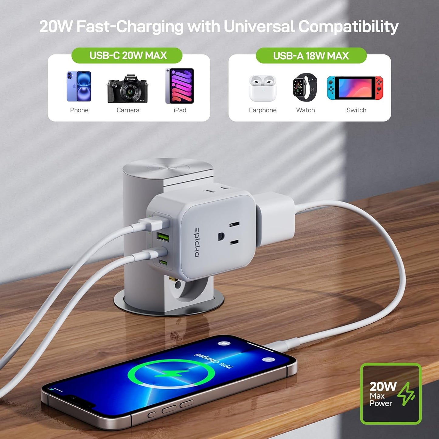 EPICKA Hybrid European Travel Plug Adapter, Foldable & Detachable Type C (EU) VisaPlug, 8-IN-1 International Power Adapter with 4 USB Ports (2 USB-C PD 20W) - Travel Essentials for US to Europe, White