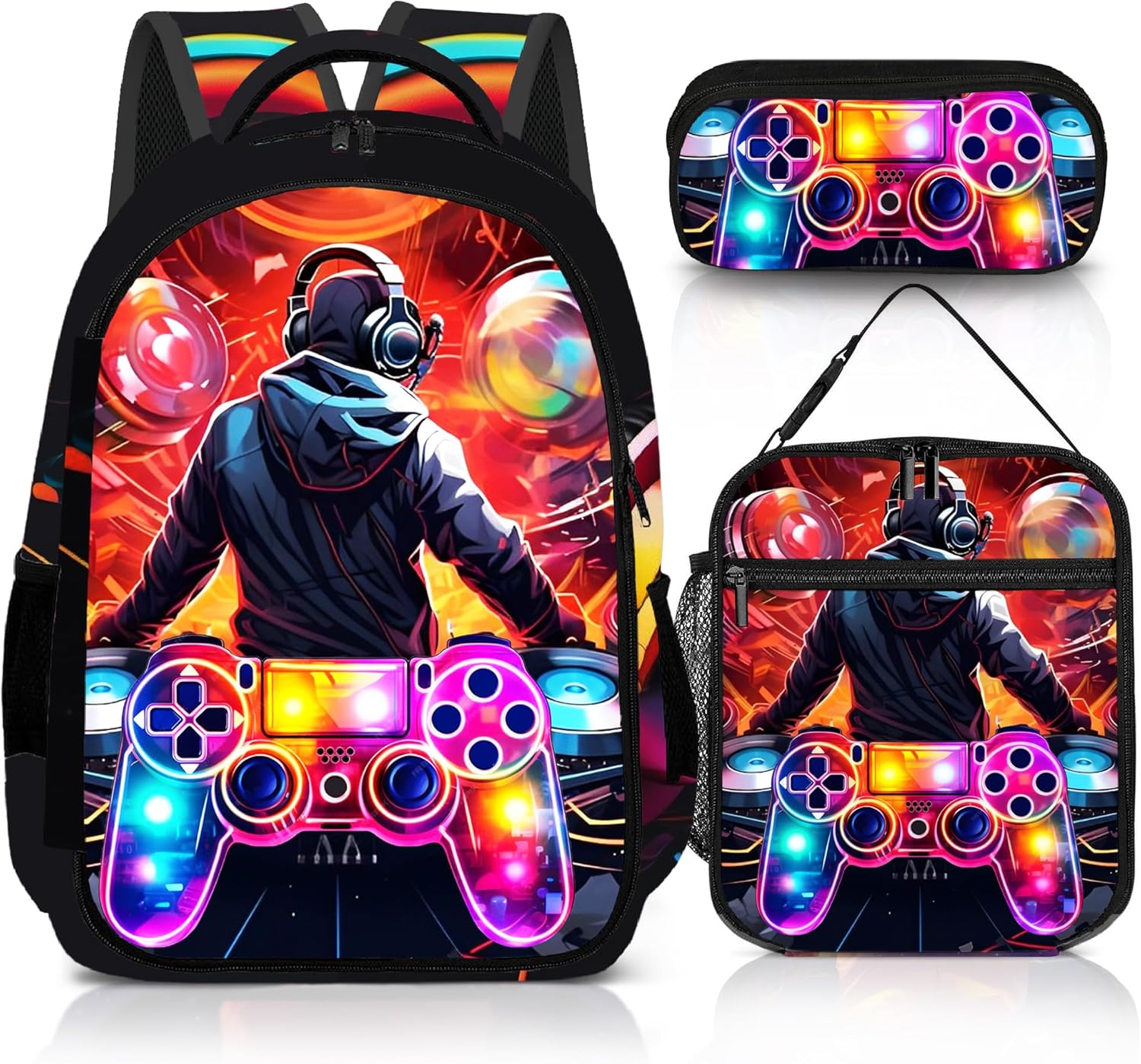 Game Backpack Set for Boys, Gaming Backpack 3 Pack, Boys Lunch Box, and Pencil Bag for Kids, 17"
