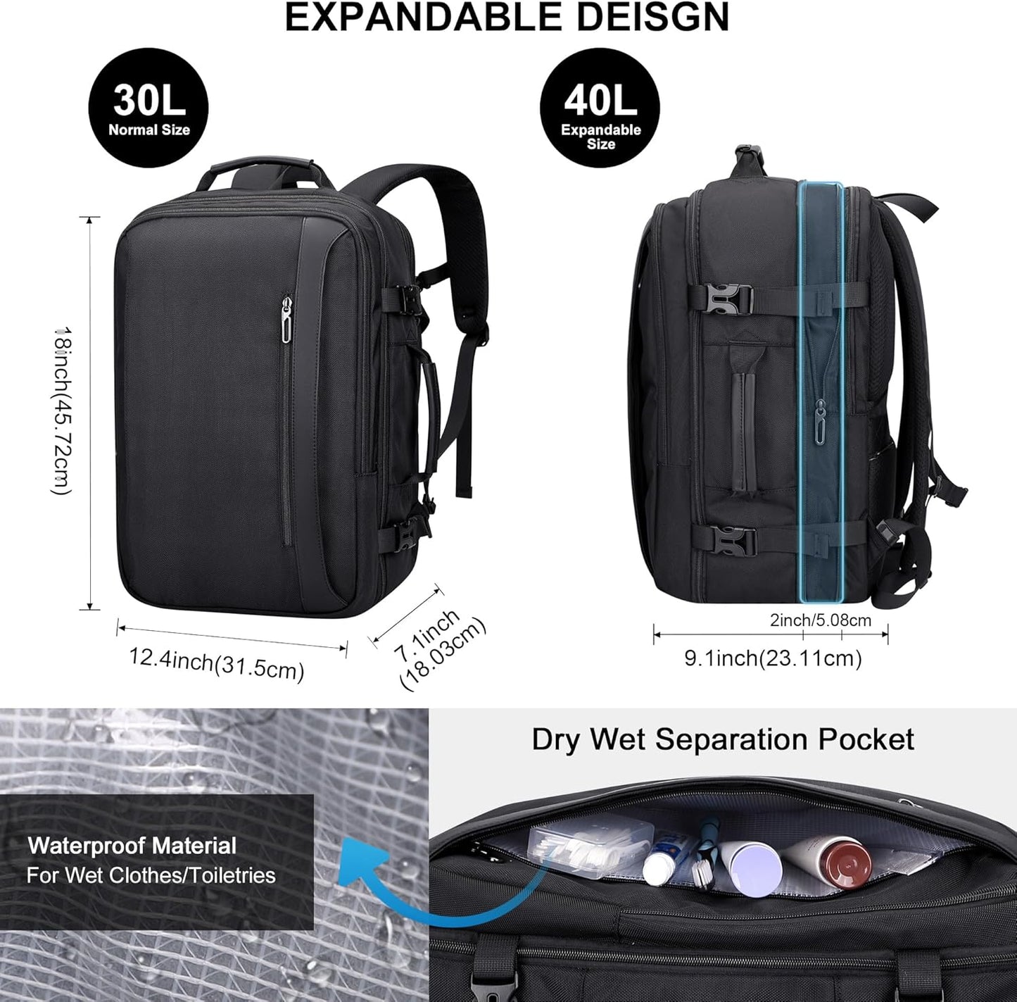PIJUSHI Travel Backpack for Women Men Expandable Carry on Luggage Backpack Airline Approved Personal Item Laptop Bag(PE034 Black)