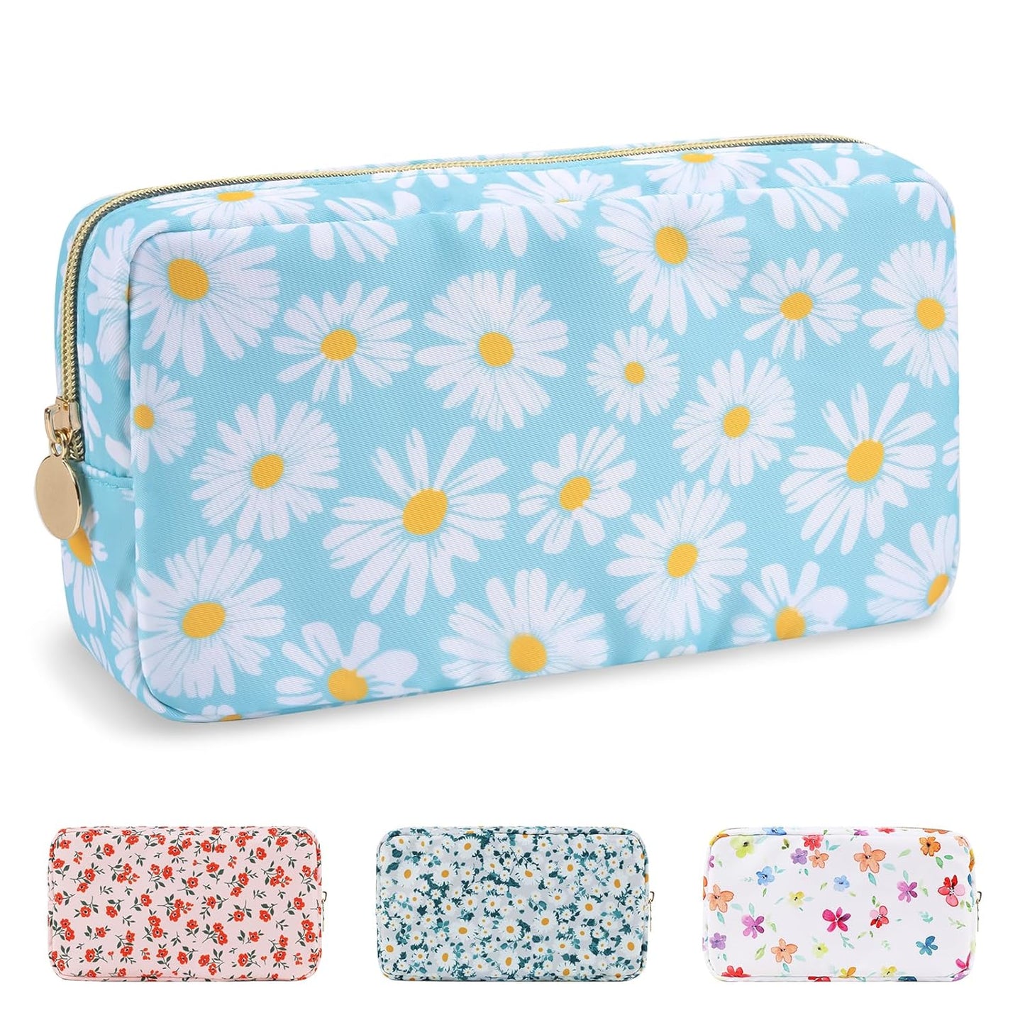 Waterproof Small Floral Makeup Bag Pouch for Purse,Nylon Flower Cosmetic Bag Preppy Travel Toiletry
