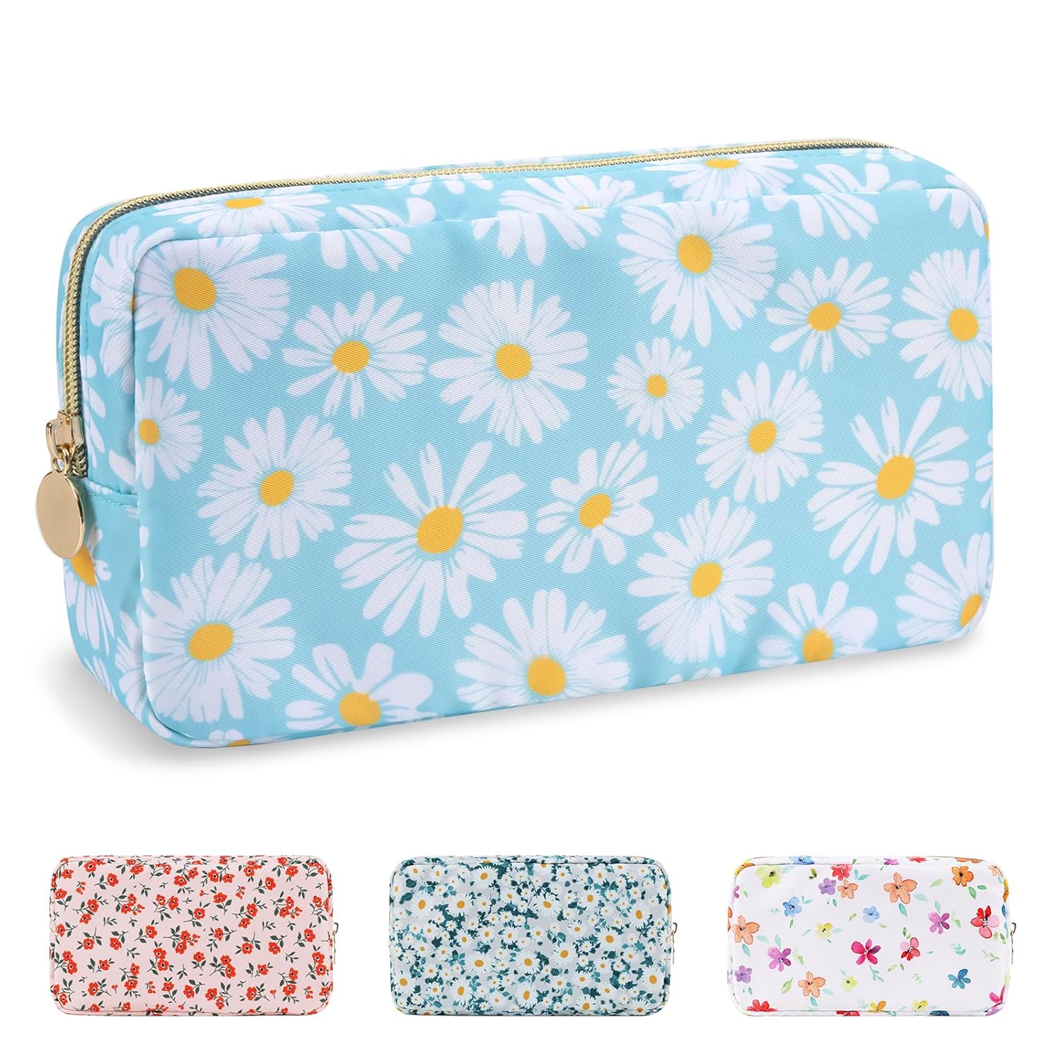 Waterproof Small Floral Makeup Bag Pouch for Purse,Nylon Flower Cosmetic Bag Preppy Travel Toiletry