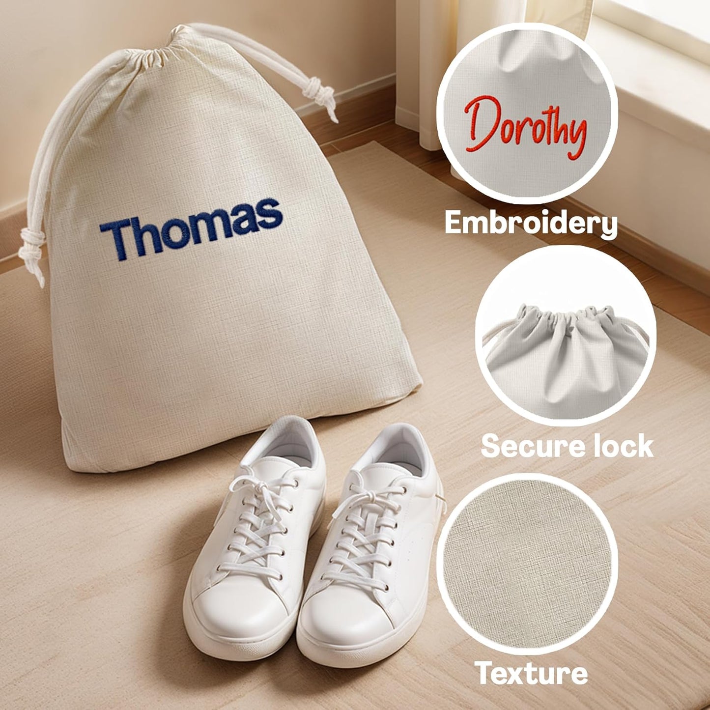 Embroidered Shoe pouch Portable Drawstrings Travel Shoe Bags Custom Name Shoe Organizer, Reusable Produce Bags Space Saving - Storage Bags Washable Breathable Cotton Fabric for Home, Luggage-White