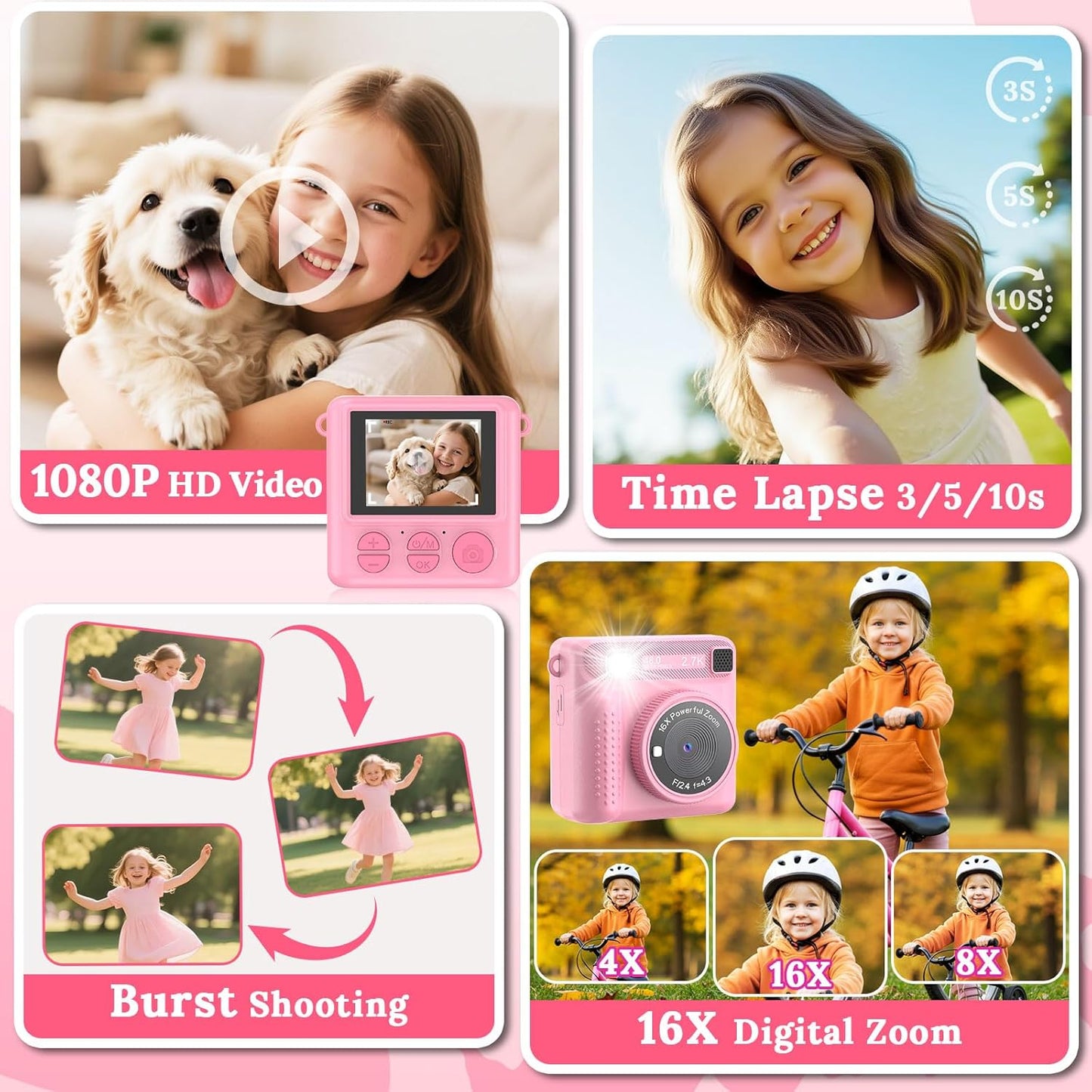 Kids Instant Print Camera - Christmas & Birthday Gift for Boys and Girls Ages 3-12, HD Digital Video Camera Toy with 3 Rolls Printing Paper & 32GB Card (Pink)