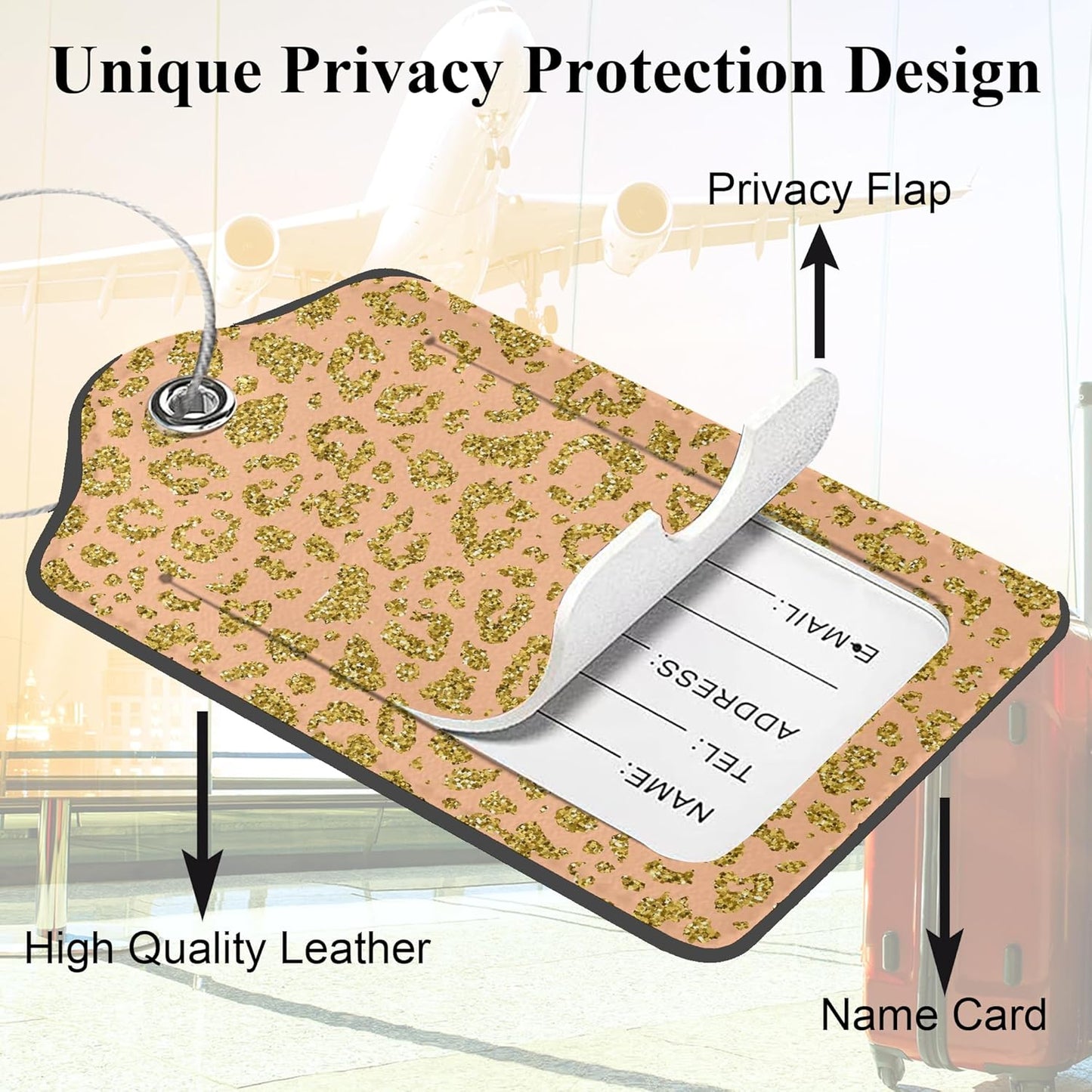Golden Leopard Print 2 Pack PU Leather Luggage Tags with Stainless Steel Loop, Funny Travel Labels