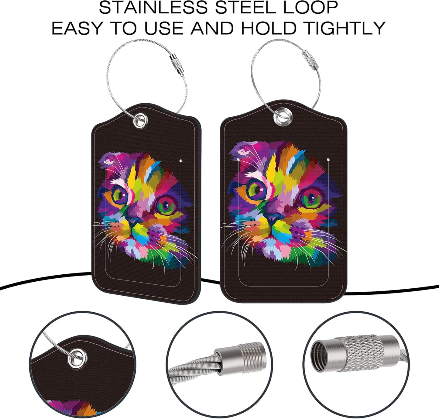 2 Pack Luggage Tags,Cat Pop Art PU Leather Idea Baggage Tag with ID Labels Privacy Cover Metal Ring Men and Women Travel Bag Labels