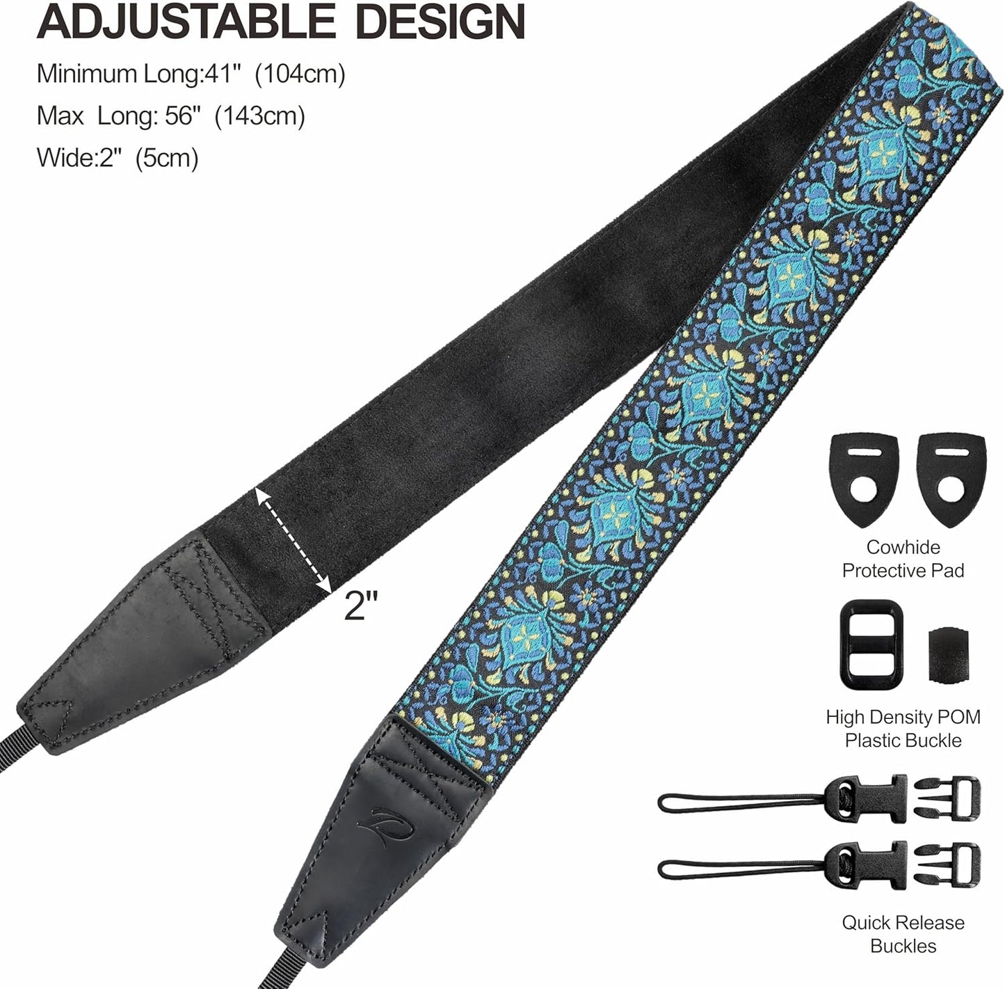 Padwa Lifestyle Camera Strap - 2" Full Grain Leather Ends Camera Straps for Photographers, Vintage Embroidered Cotton Weave Soft Suede Fabric Padded Strap Quick Release fits All Cameras