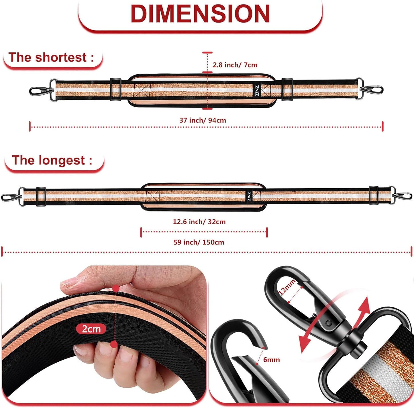 ZINZ Shoulder Strap - 59 Inch Universal Heavy-duty Adjustable Strap with Ultra-thick Fixed Breathable Pad for Laptop, Gym, Camera Bag and More - Black Gold Jacquard