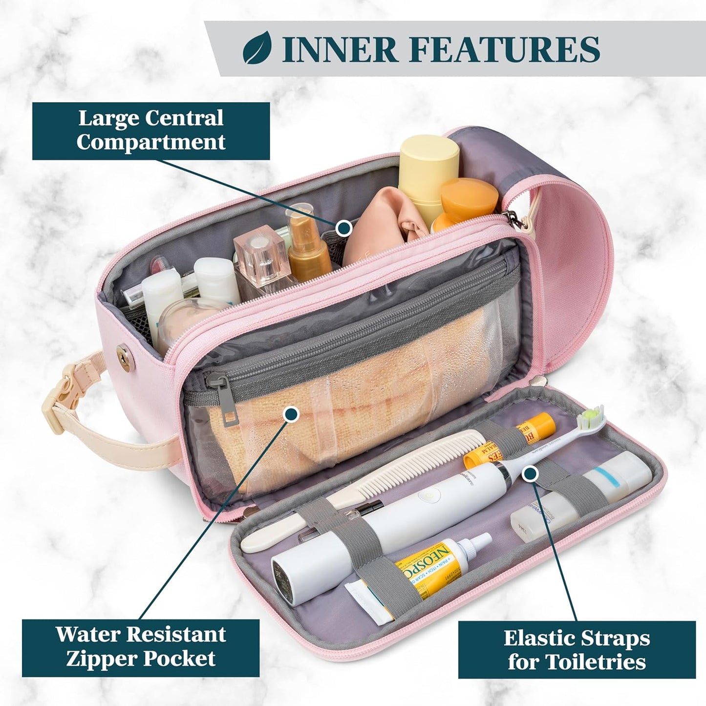 PAVILIA Toiletry Bag for Women, Canvas Travel Dopp Kit, Water Resistant Hygiene Bag Toiletries Organizer, Shaving Kit Travel Accessories Bag, Pink