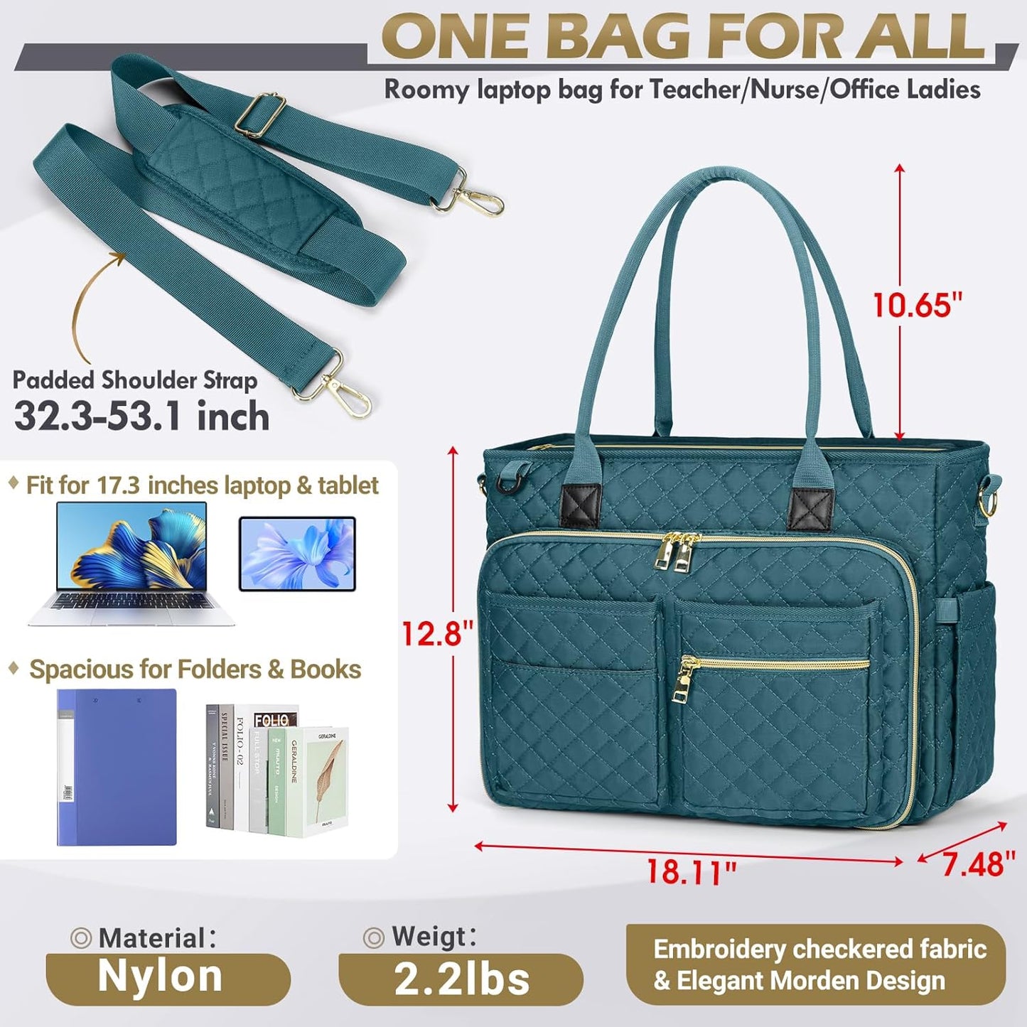 RAINSMORE Teacher Tote Bag 17.3 inch Laptop Bag for Women Work Bags Laptop Tote Nurse Bag Professional Computer Messenger with Insulated Pocket Briefcase, Teal