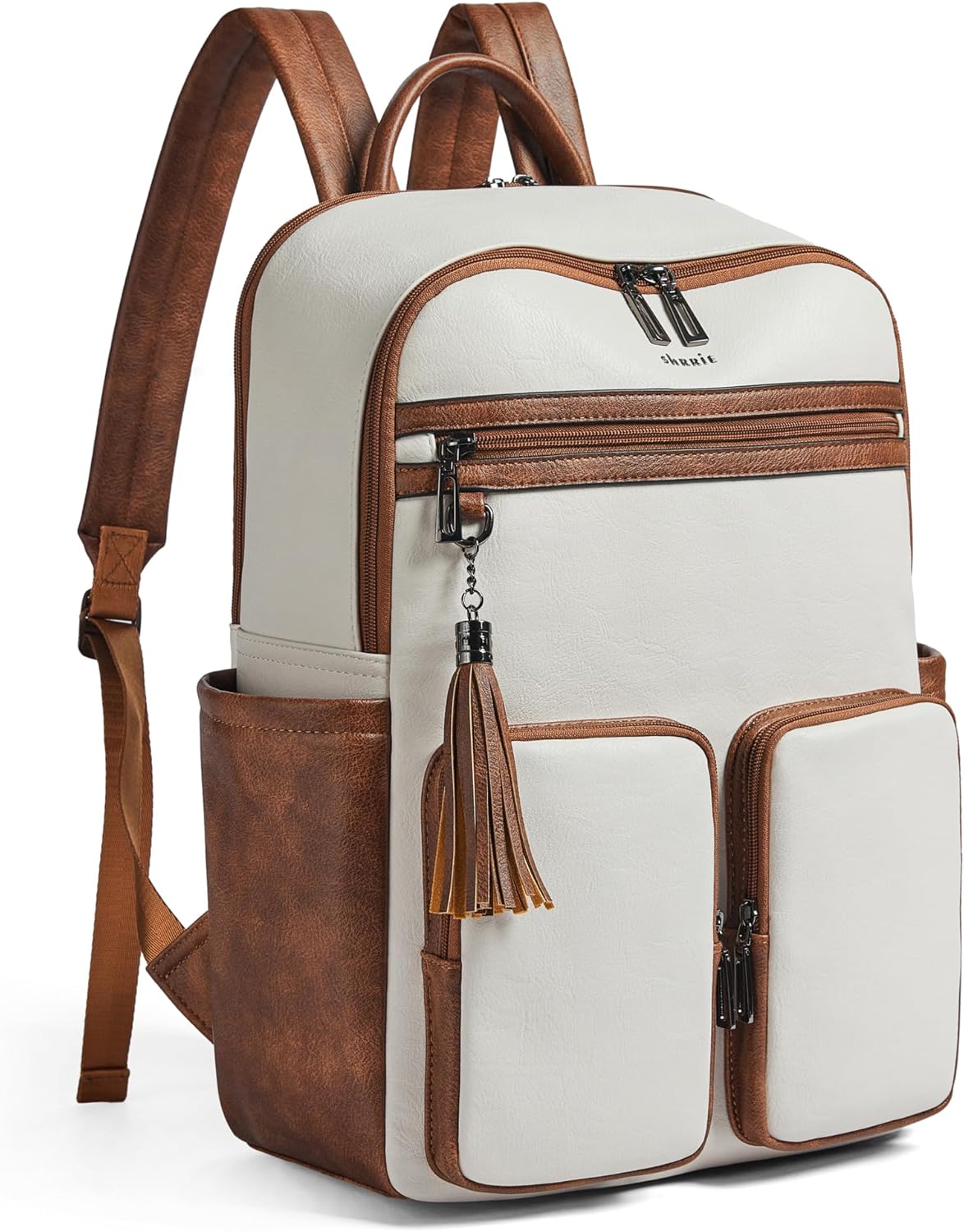 Shrrie Laptop Backpack for Women 16 Inch,Vegan Leather Travel Backpack Purse Work Business Computer Backpacks Teacher Nurse College Laptop Bookbag Casual Daypack,Beige with Brown