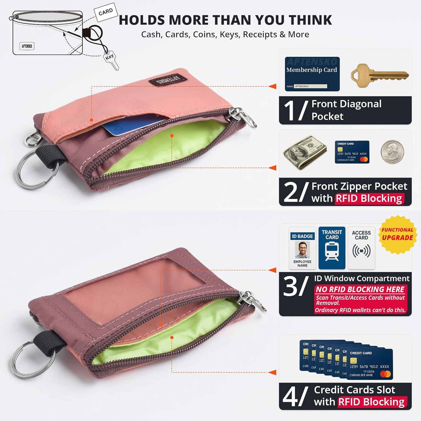 RFID Travel Wallet with Adjustable Lanyard-Zipper Small Wallet with ID Card Holder, Keychain for women&men-Minimalist Slim Waterproof Nylon case for ID, Cash, Key (CoralBlush+Mauve)