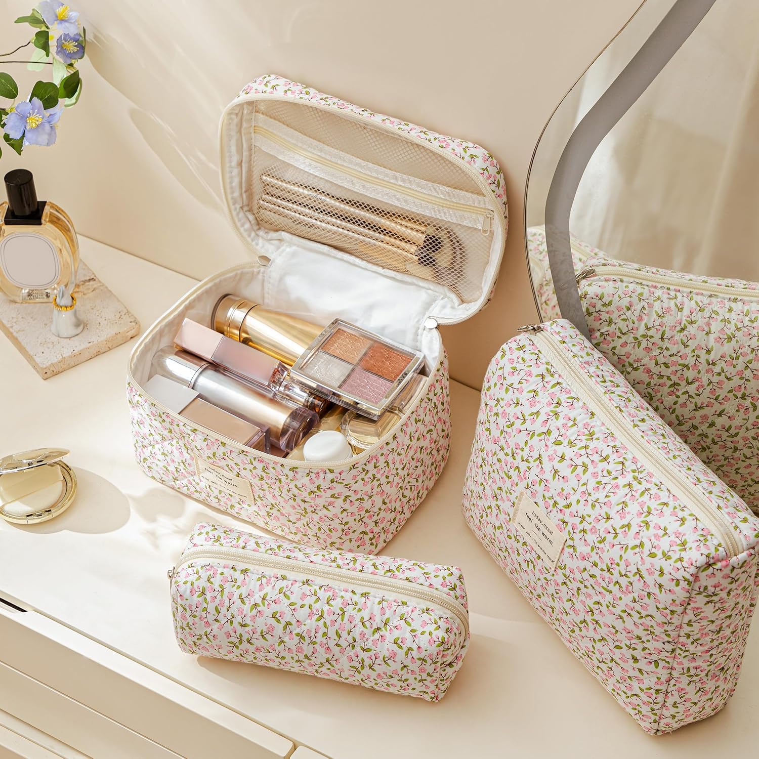HBselect Quilted Makeup Bag, 3PCS Cotton Large Travel Makeup Bag, Cute Floral Coquette Make up Bag