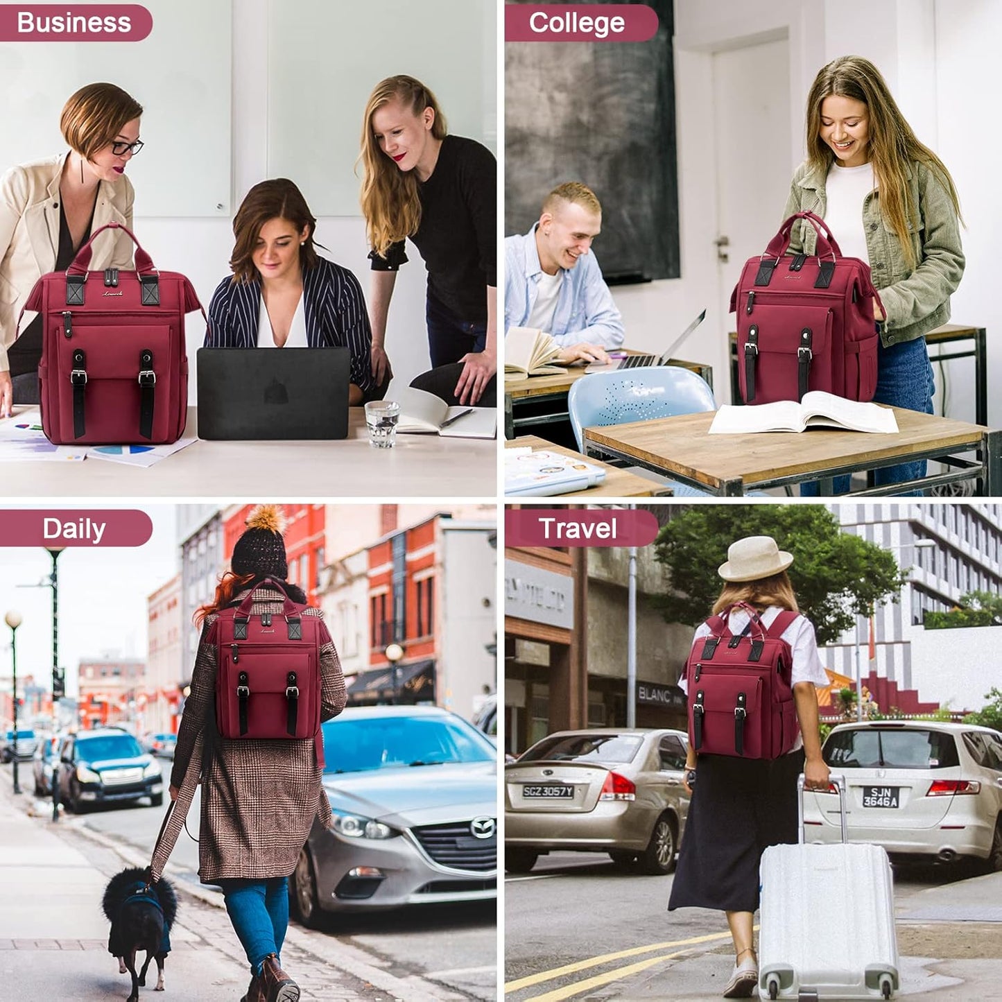 LOVEVOOK Laptop Backpack for Women Work Travel Backpack Teacher Commuter Business Computer Bag Doctor Nurse Bags College Backpack Purse, 15.6 Inch, Wine Red-black