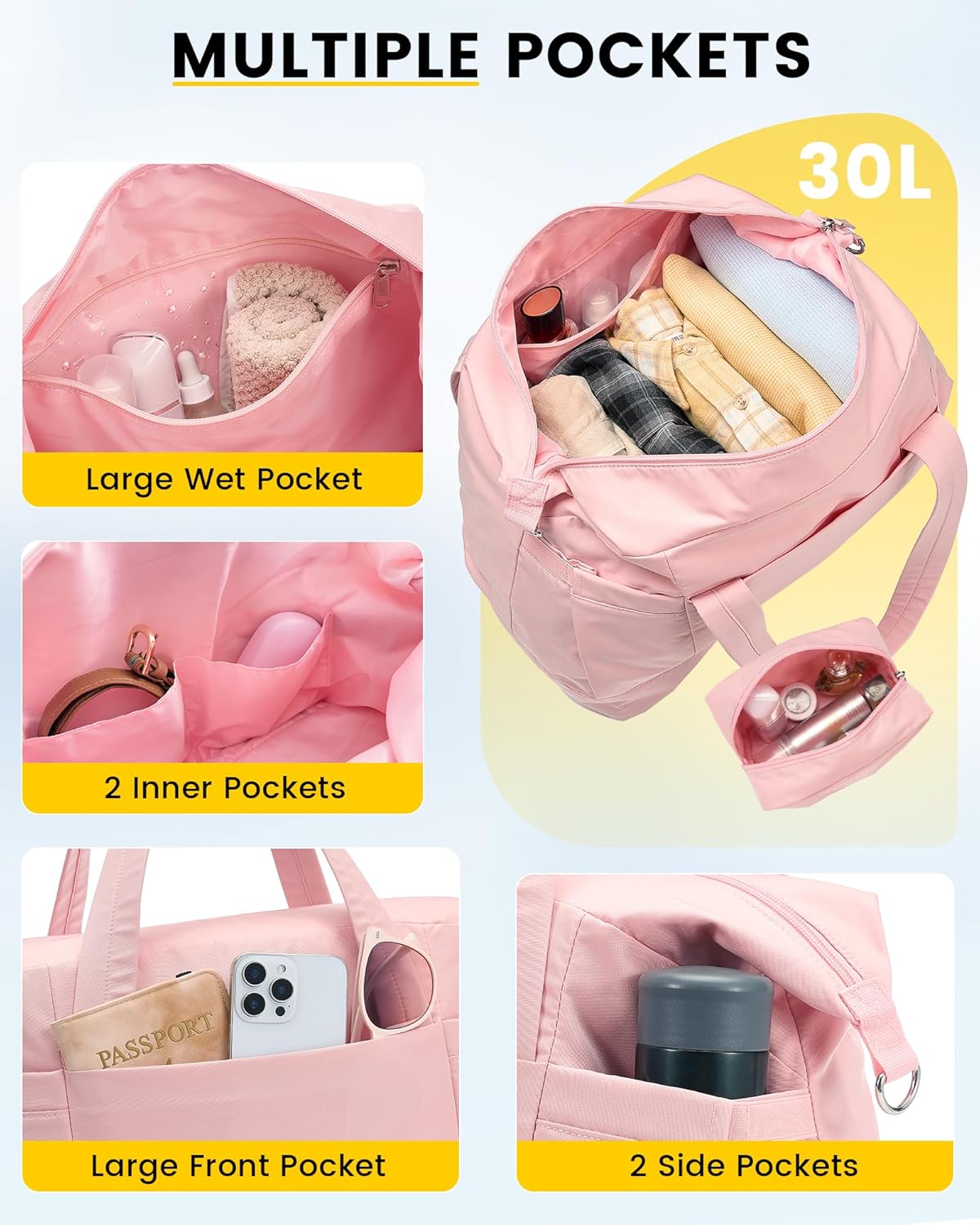 Vorspack Duffle Bag for Travel - 30L Gym Bag for Women Men Personal Item Travel Bag with Shoe Pocket Toiletry Bag Lightweight Carry On Bag for Weekender Overnight Sports - Pink