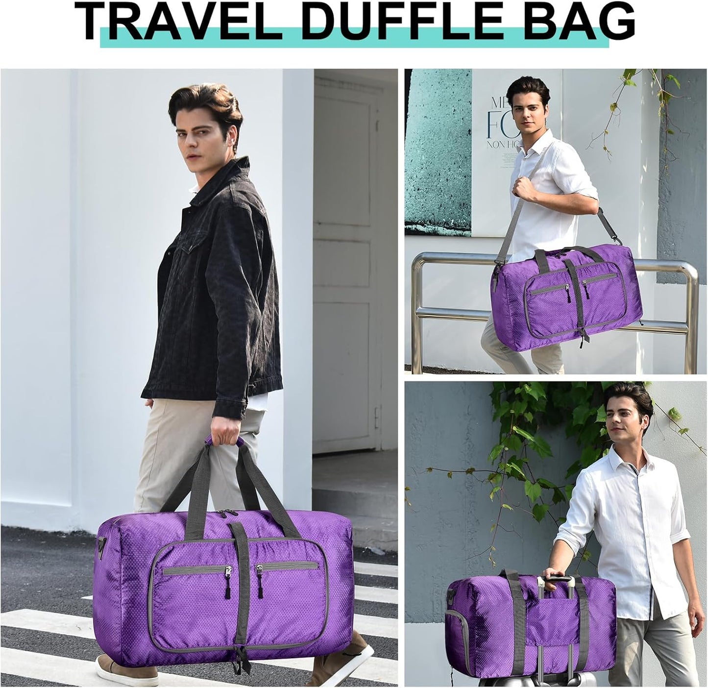 Dimayar Travel Duffle Bag for Men Women - Foldable Duffel Bag with Shoes Compartment - Overnight Bags Waterproof & Tear Resistant(115L,Purple)