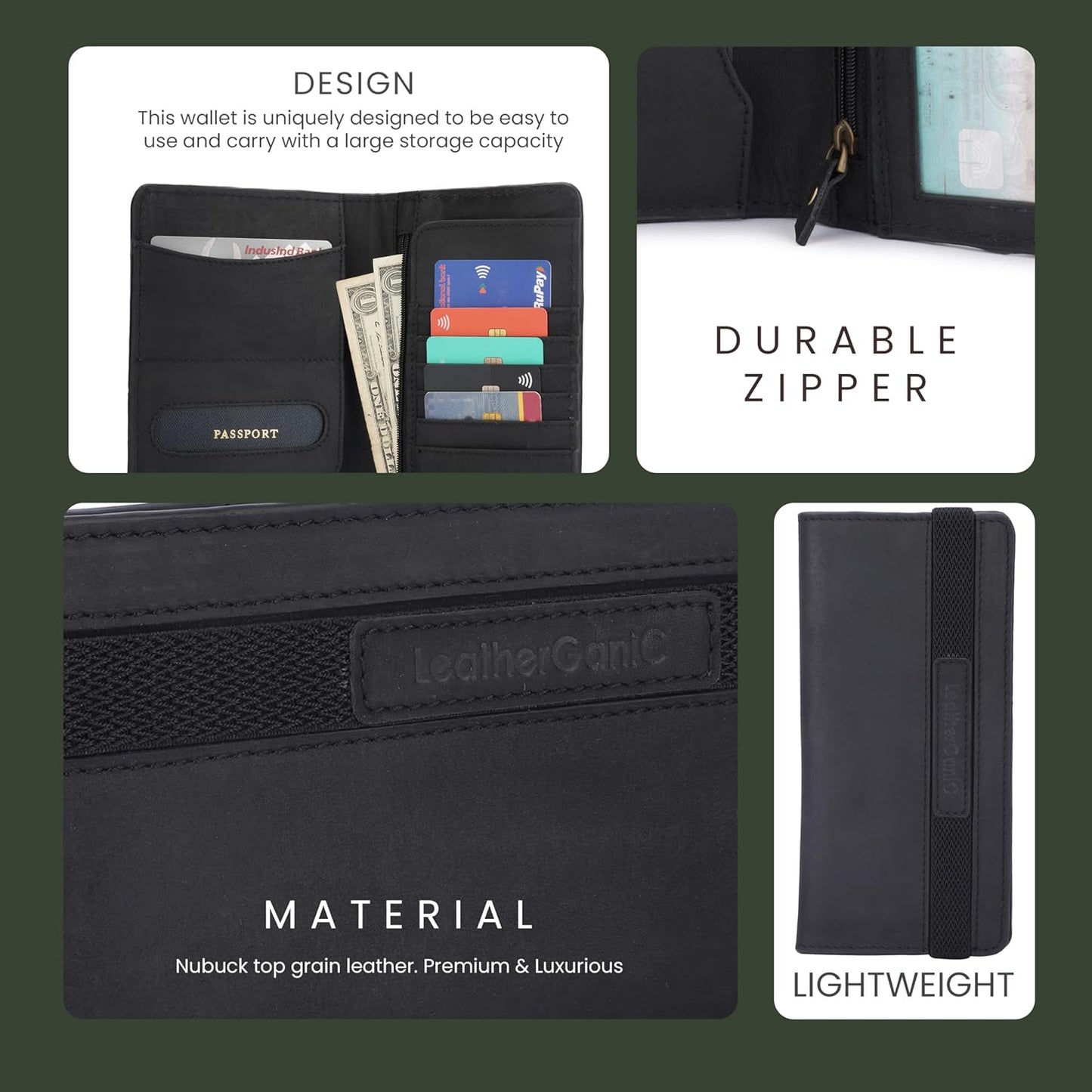 Passport Wallet for Men & Women Genuine Leather Bifold Travel Wallet RFID Blocking Long Passport Holder Document Organizer Travel Pouch Airline Ticket Wallet with Zipper Pocket [Black]