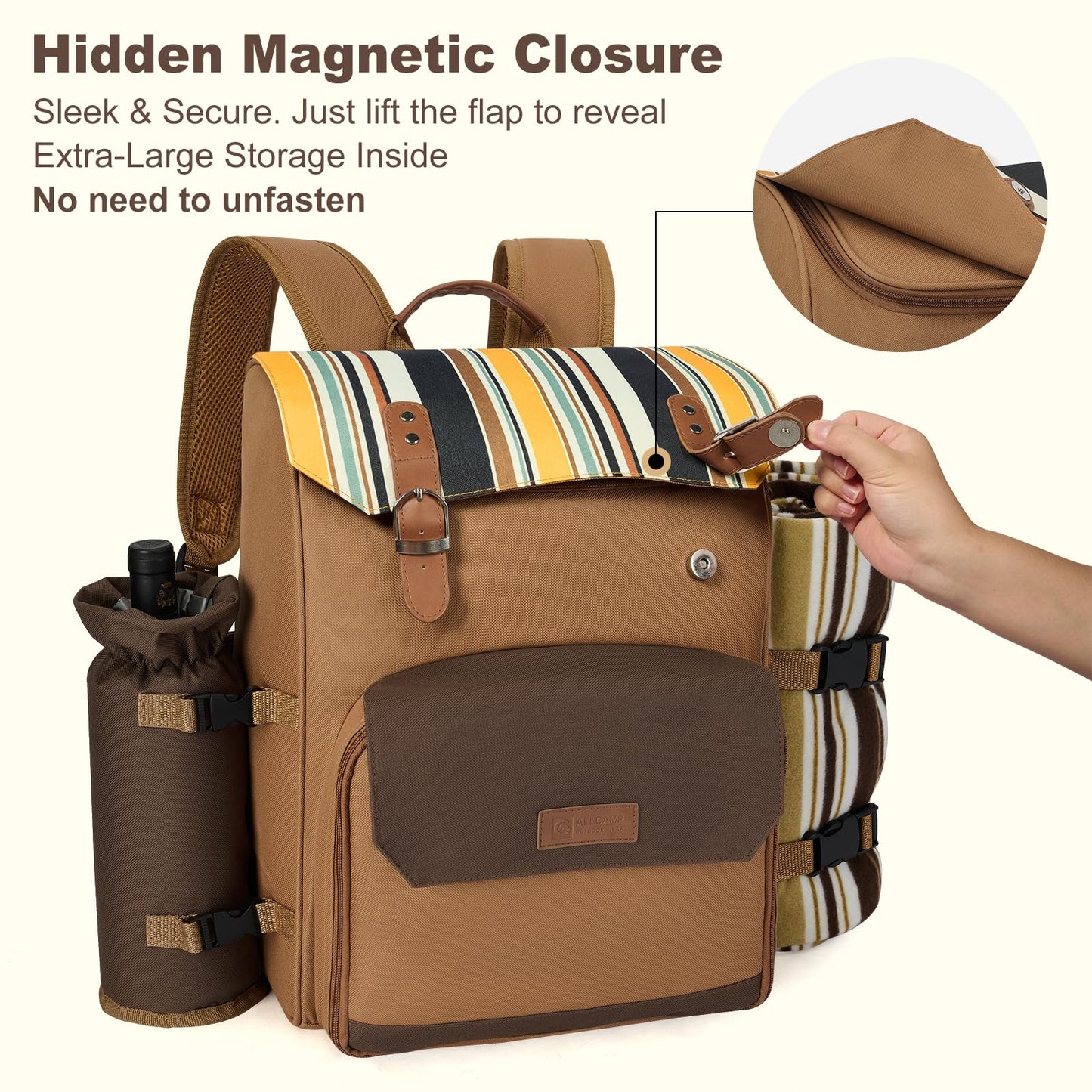 Picnic Backpack, 2-Person Set with Blanket and Wine Holder, Gray(Caramel Brown)
