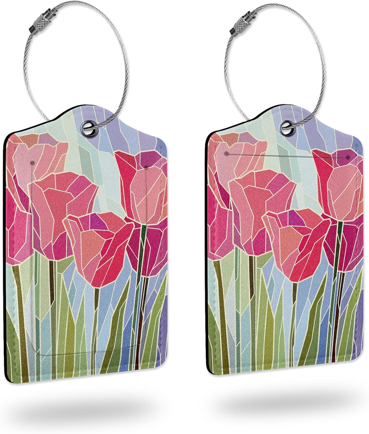 Luggage Tags for suitcases,2 Pack Pink Tulip Luggage Tag,Leather Stainless Steel Loop Label Tag for Women Men Girls Travel Bag Suitcase