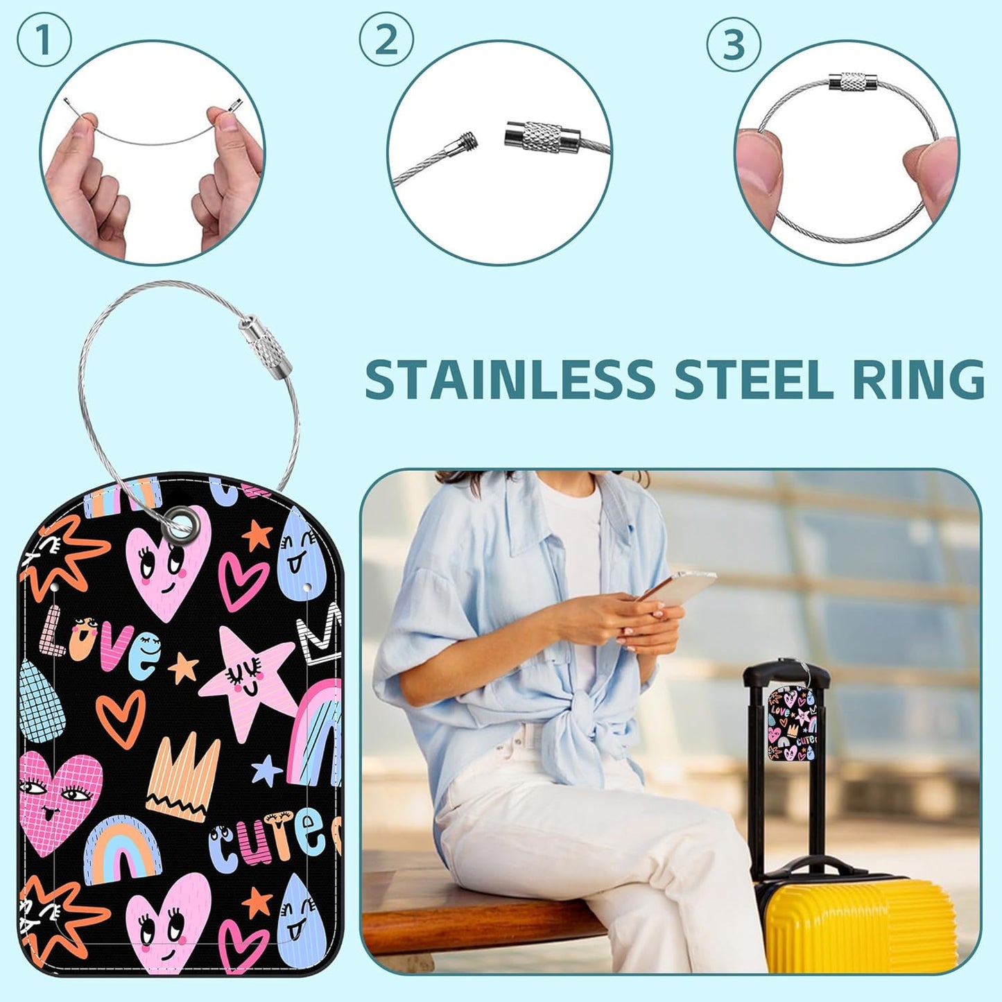 2 Pack Cute Luggage Tag for Suitcases Cute Abstract Print Leather Luggage Tags with Stainless Steel Loop Privacy Flap Name Tags,Men and Women Travel Bag Suitcase Tags