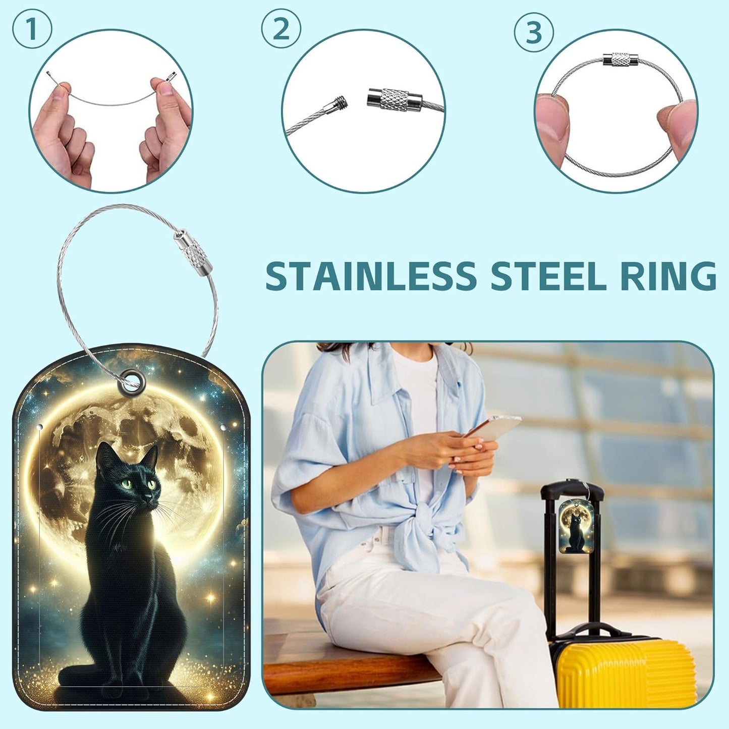 2 Pack Cute Luggage Tag for Suitcases Black Cat and Sky Leather Luggage Tags with Stainless Steel