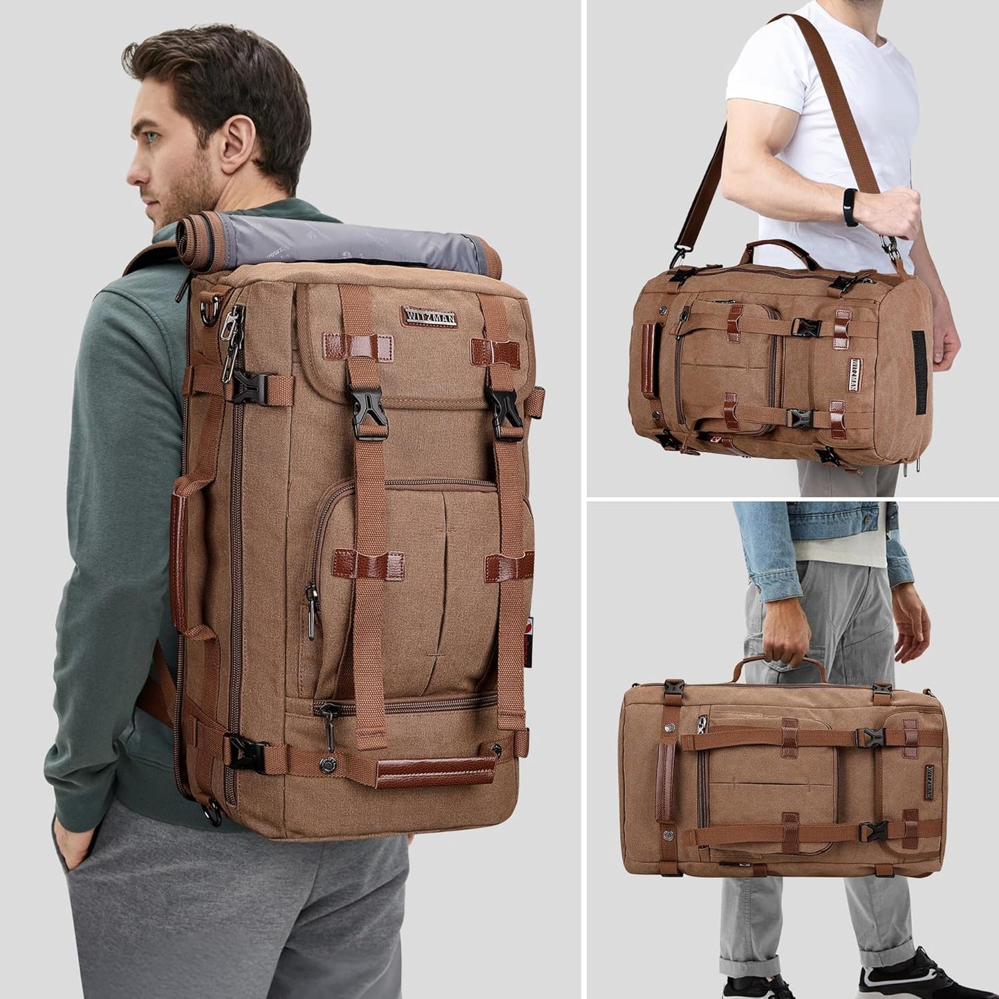 WITZMAN Canvas Backpack Vintage Travel Backpack Large Laptop Bags Convertible Shoulder Rucksack(A519-1 Brown)