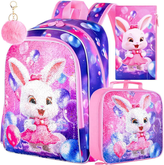 3Pcs Backpack for Girls, 16" Sequins Kids Bookbag with Lunch Box, Bunny School Backpacks for Elementary Preschool Kindergarten (Pink)