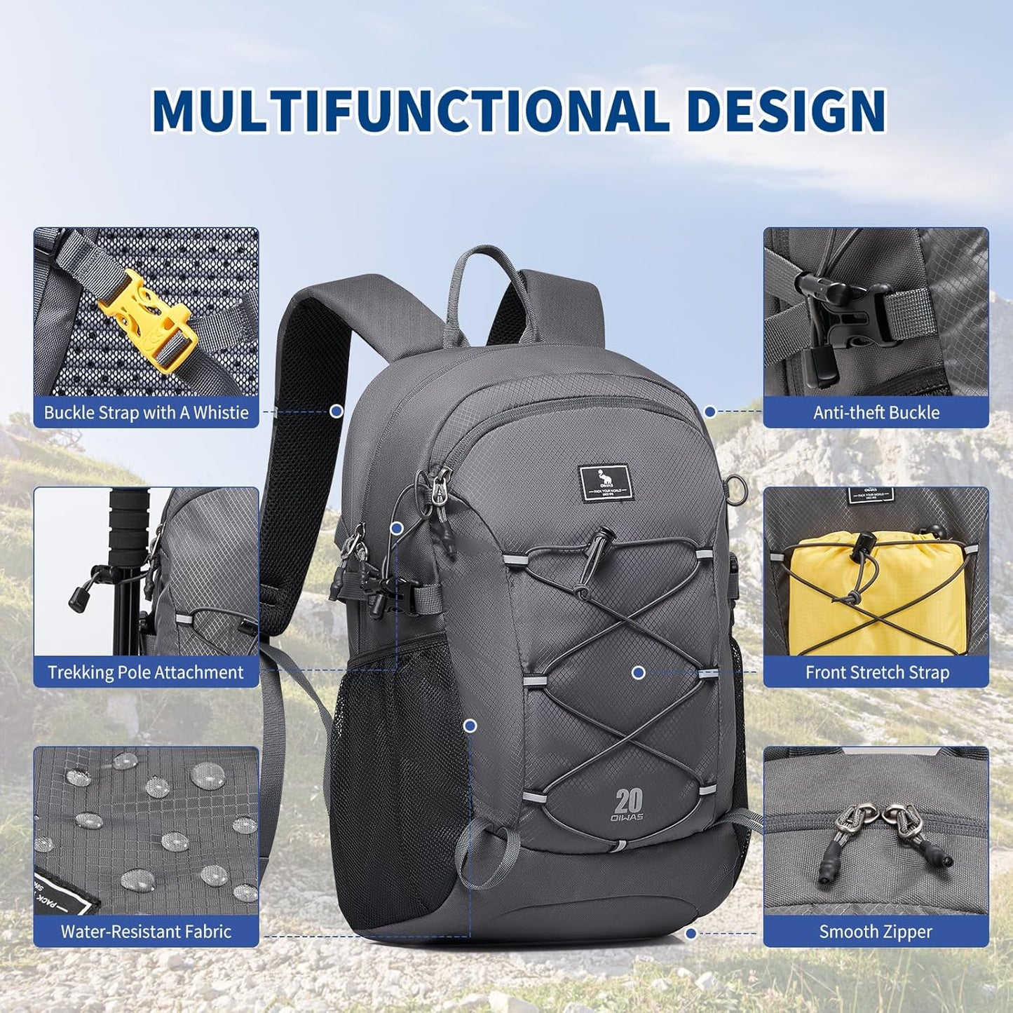 OIWAS Hiking Backpack, Water Resistant Camping Backpack with Hydration Bladder Outlet, 20L Lightweight Hiking Daypack, Travel Daypack for Men and Women Outdoor Small Hiking Backpacks