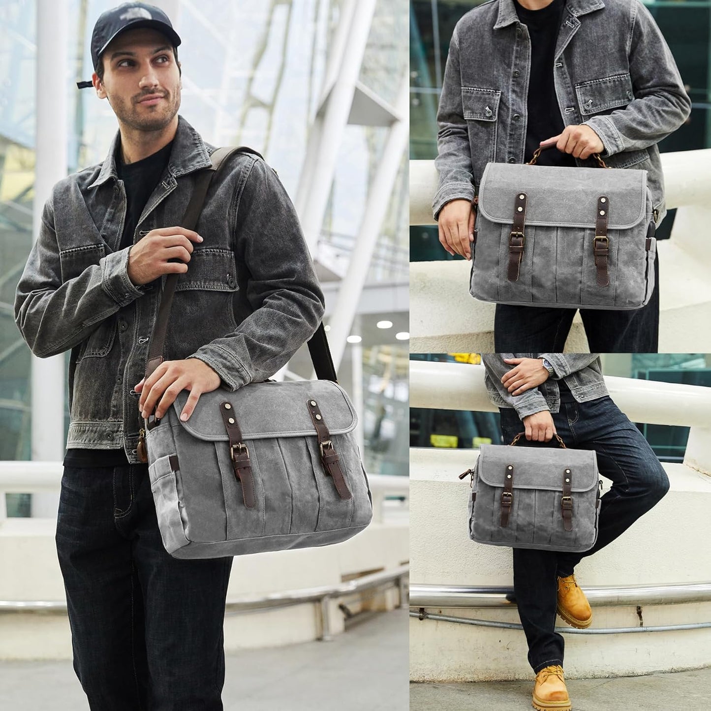 Messenger Bag for Men 15.6 Inch Vintage Canvas Genuine Leather Briefcase for Men Laptop Bag Satchel
