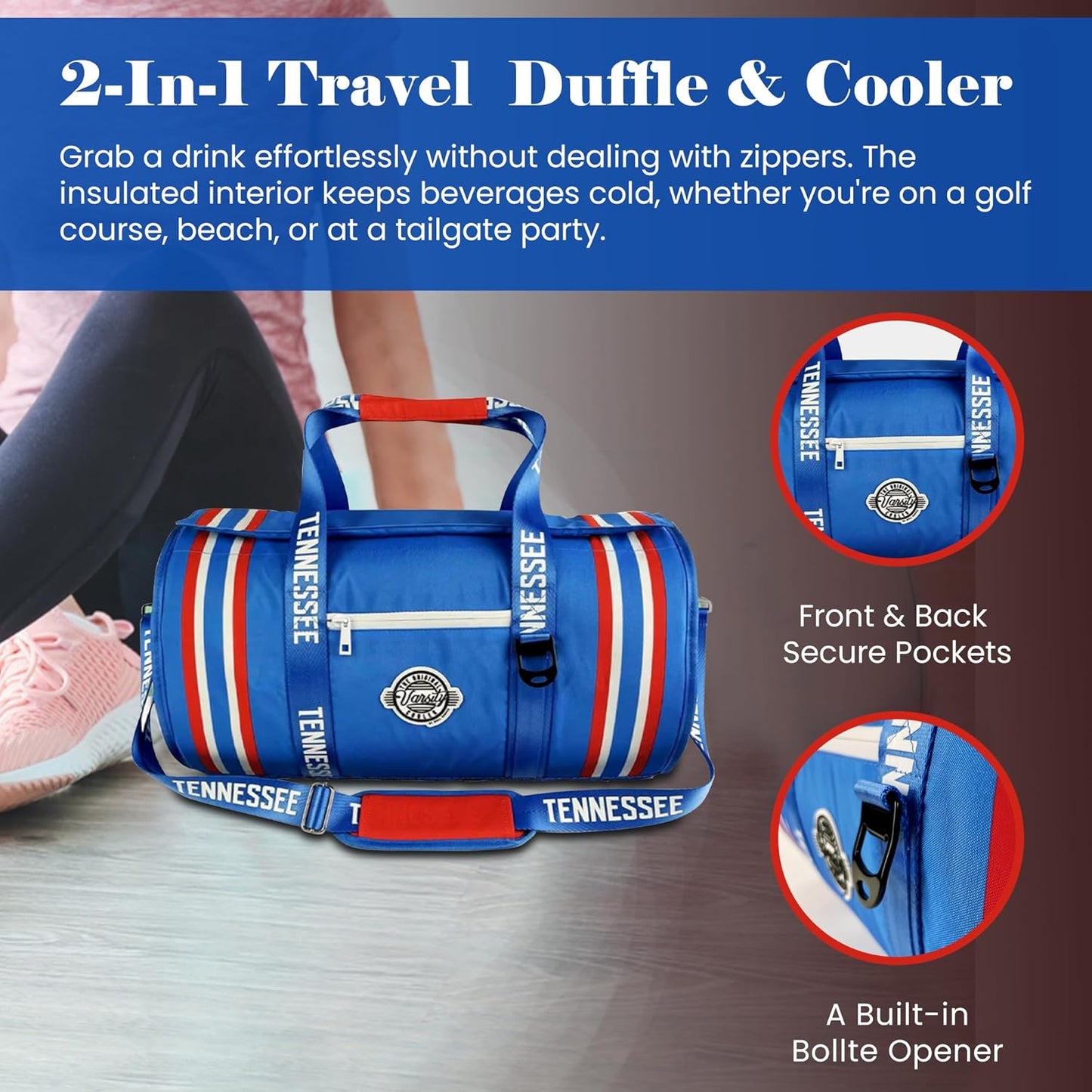 Varsity Cooler Tennessee Travel Party Duffel & Cooler – 30 Can Leakproof Insulated Tote Bag, Waterproof Soft compartment for Tailgating, Golf, Beach, Carry-On Luggage & Outdoor Sports