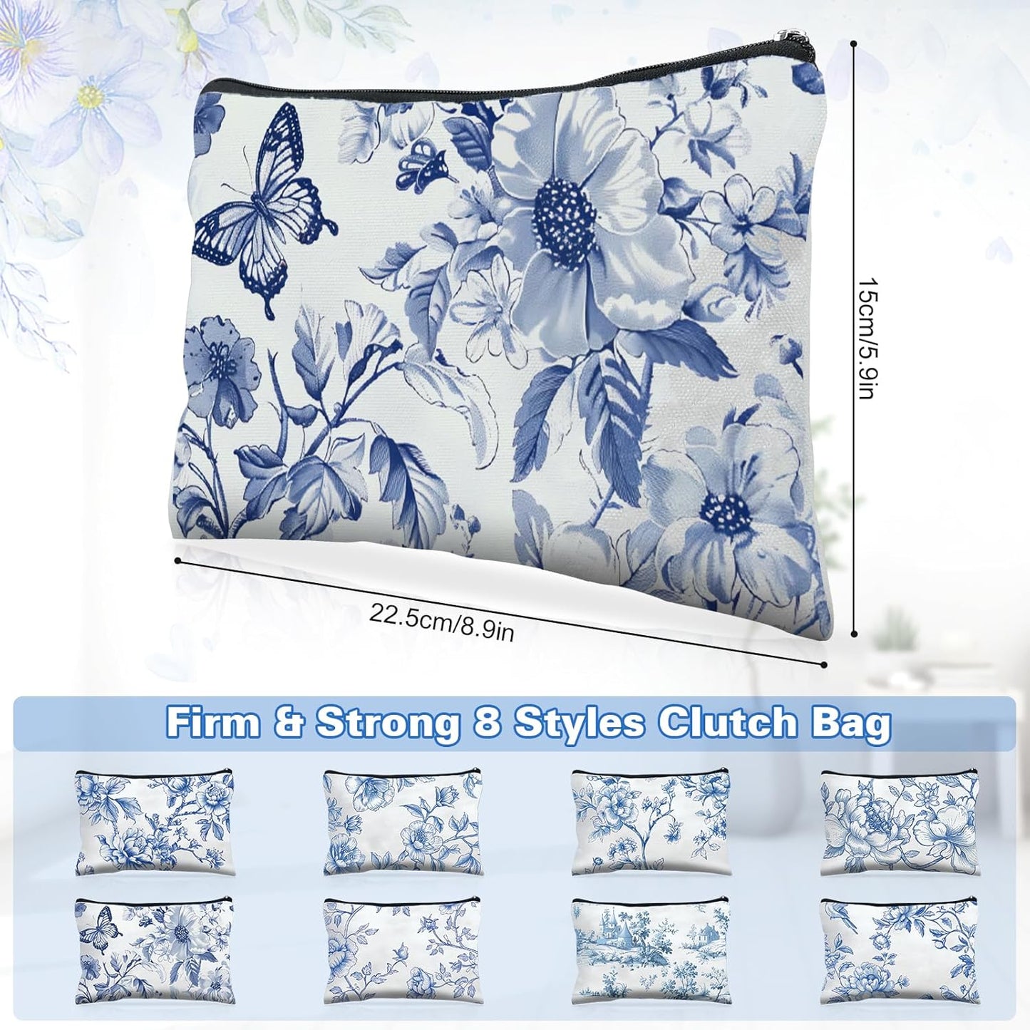 24 Pcs Floral Cosmetic Bags Bulk for Women Blue and White Floral Makeup Bags Chinoiserie Canvas Travel Zipper Pouches Aesthetic Toiletry Bag for Girls Women Bridesmaids Wedding Supplies