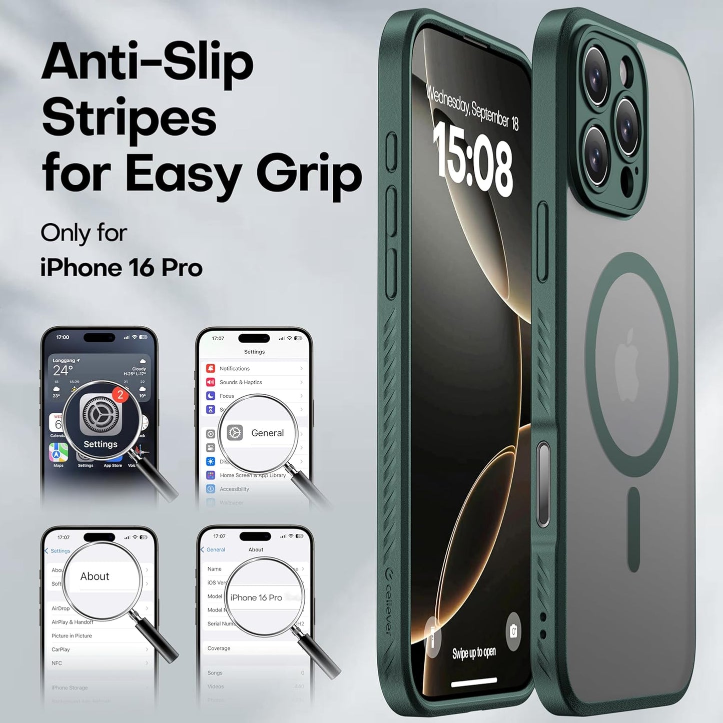CellEver Strong Magnetic for iPhone 16 Pro Case with Camera Control Capture Button [Camera Protection] [Military Drop Protection] [Compatible with MagSafe] Slim Translucent Matte Cover, Dark Green